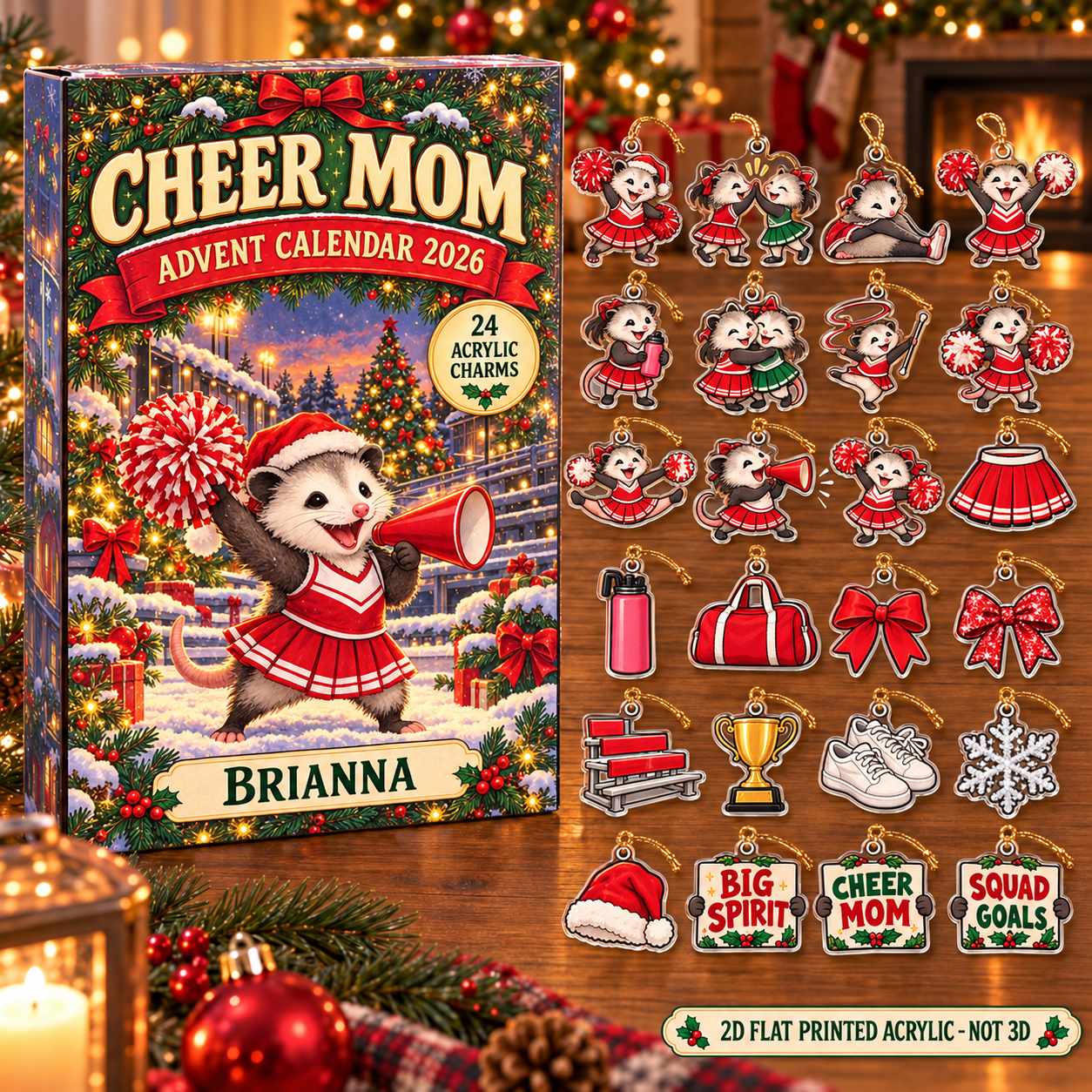 Personalized Cheer Opossum advent calendar box with 24 flat acrylic Christmas charms