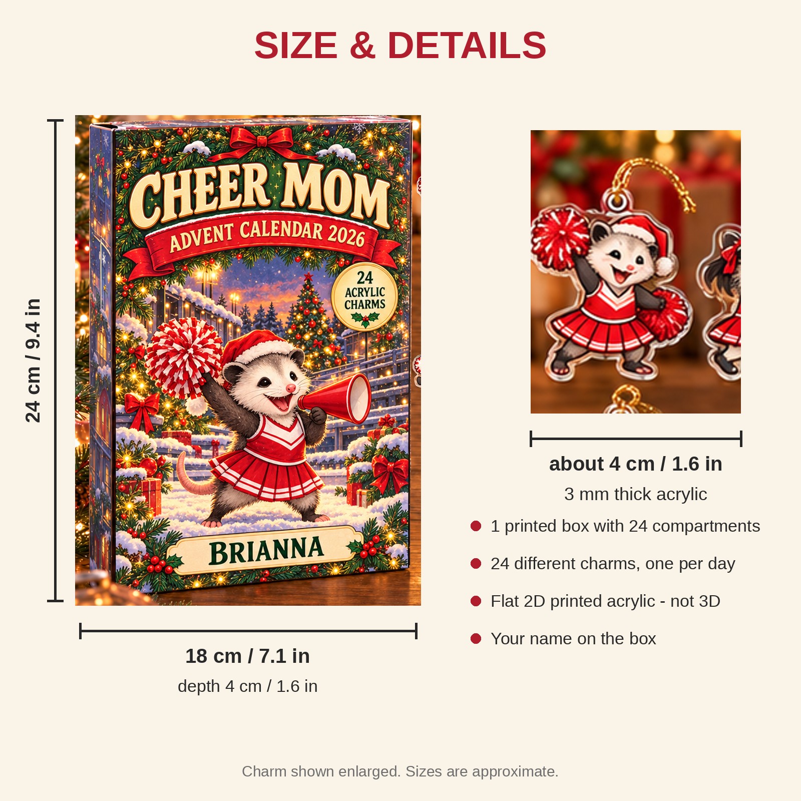 Personalized Cheer Opossum advent calendar box with 24 flat acrylic Christmas charms: box and charm sizes