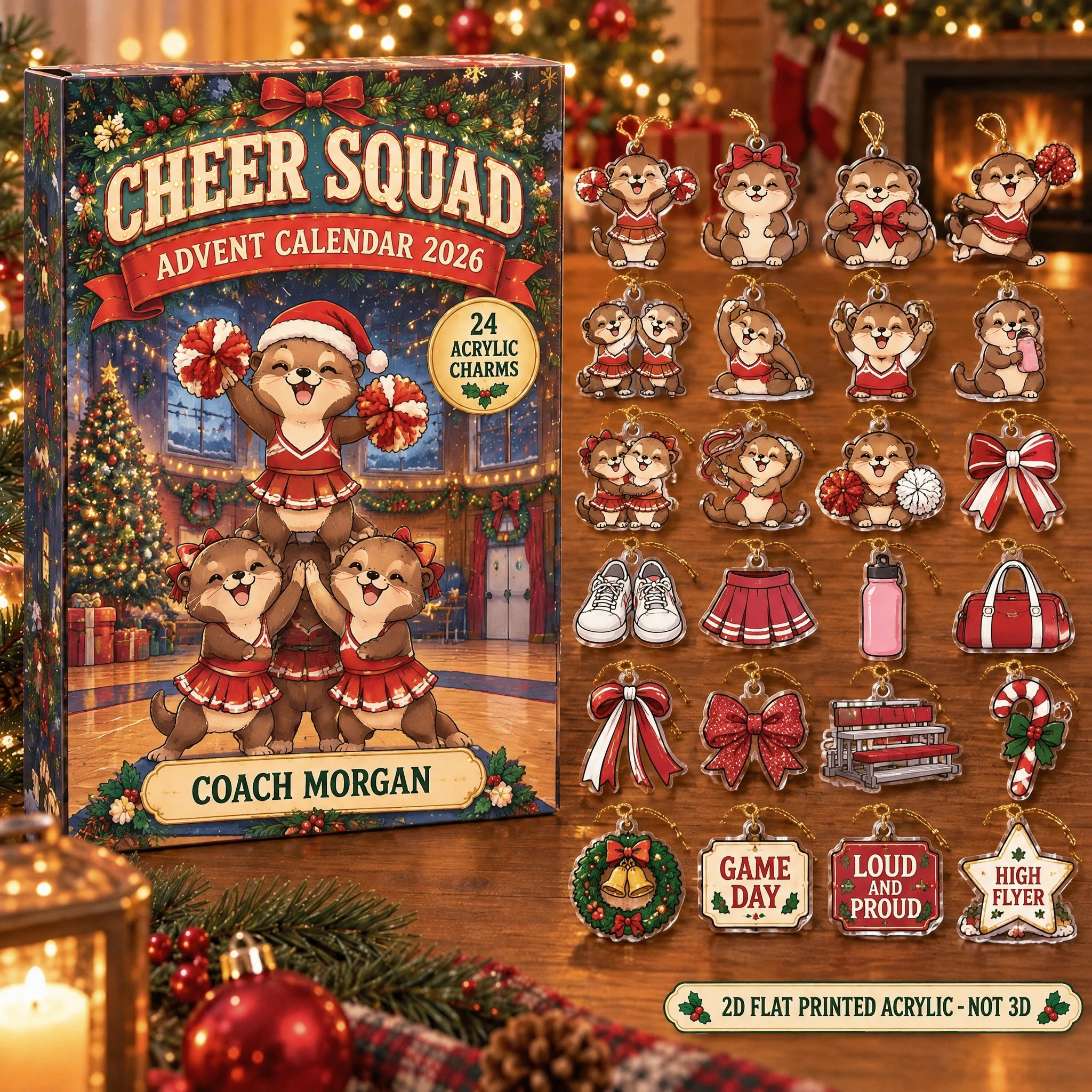 Personalized Cheer Otter advent calendar box with 24 flat acrylic Christmas charms