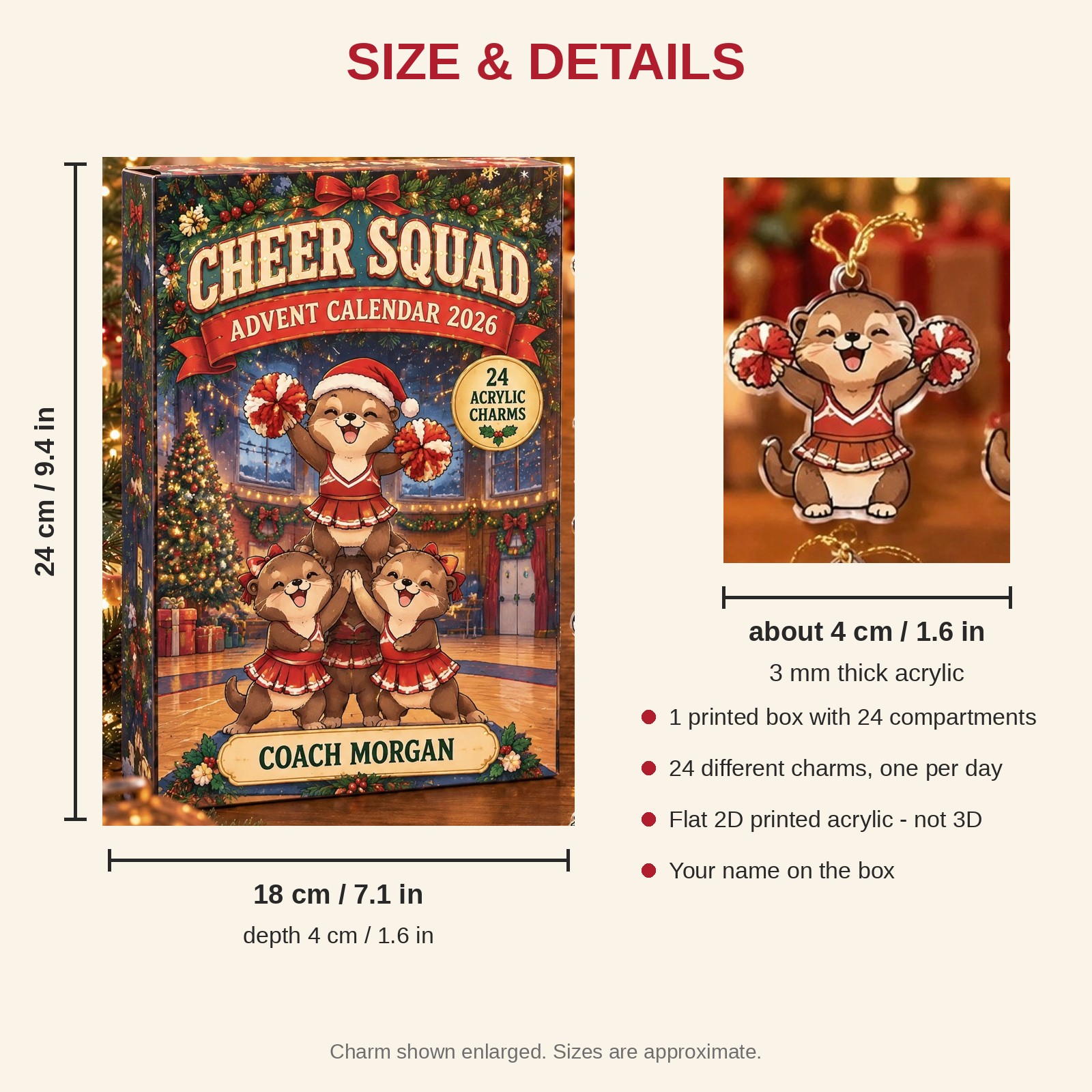 Personalized Cheer Otter advent calendar box with 24 flat acrylic Christmas charms: box and charm sizes