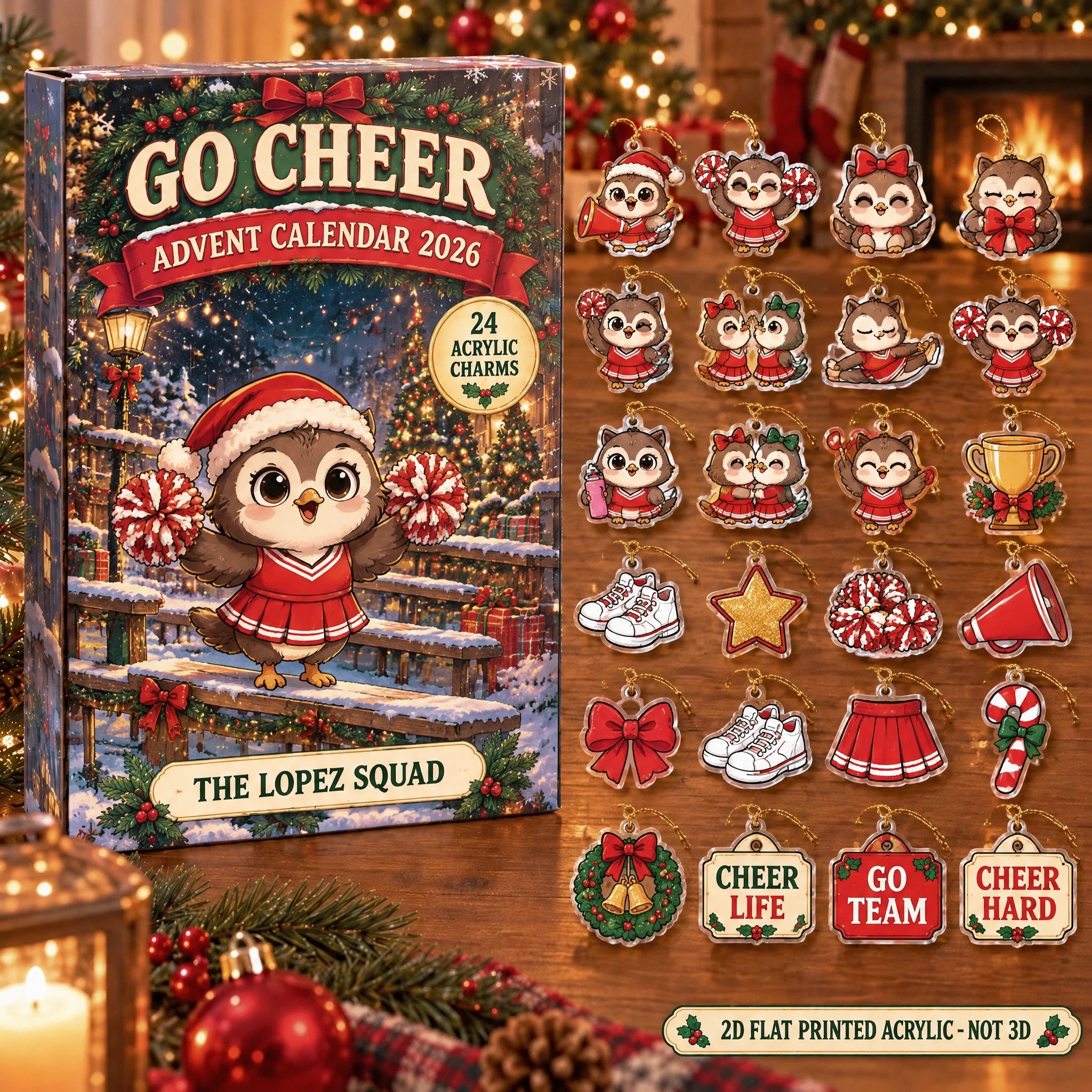 Personalized Cheer Owl advent calendar box with 24 flat acrylic Christmas charms