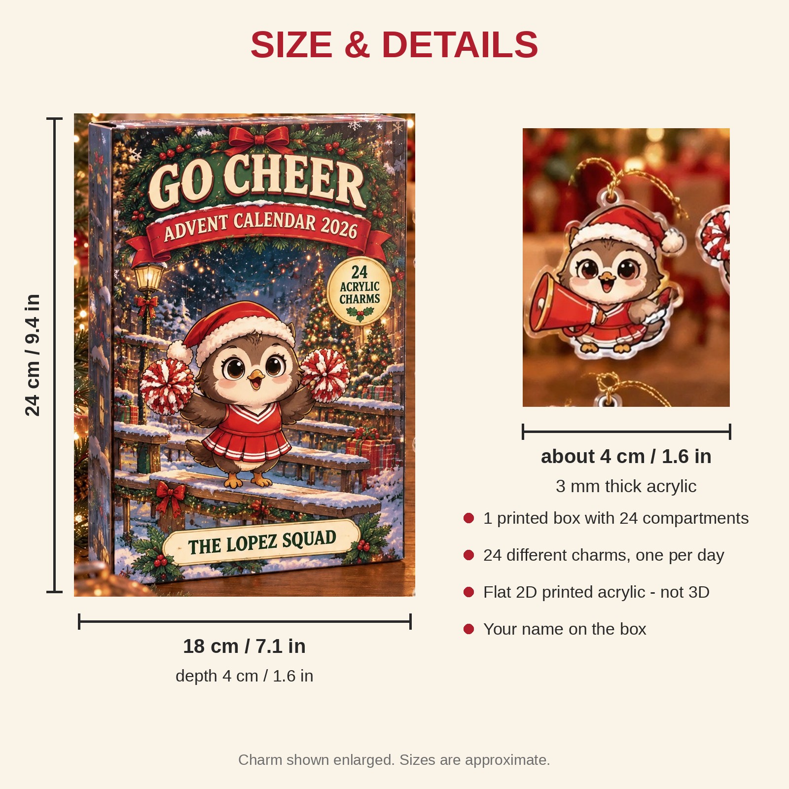 Personalized Cheer Owl advent calendar box with 24 flat acrylic Christmas charms: box and charm sizes