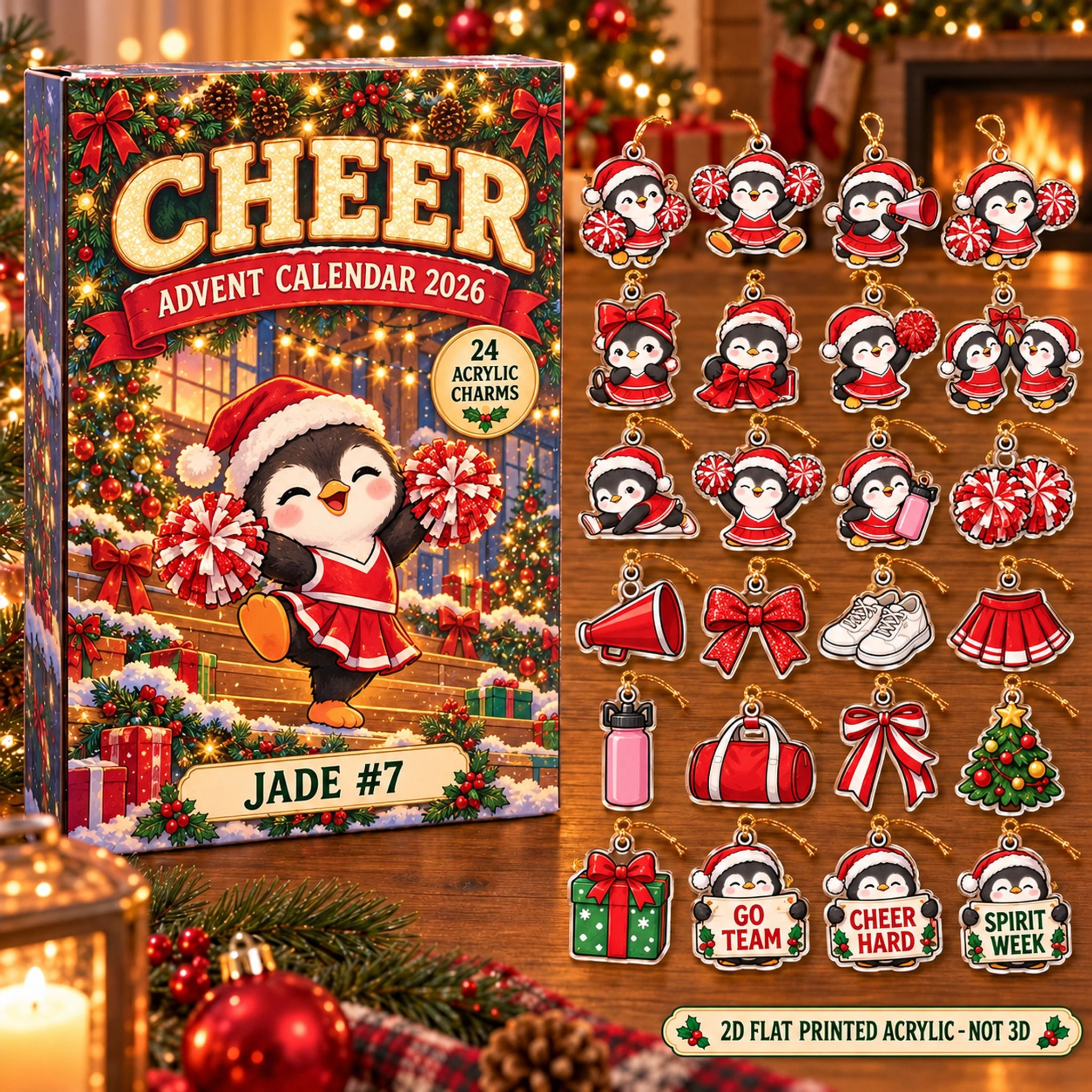 Personalized Cheer Penguin advent calendar box with 24 flat acrylic Christmas charms