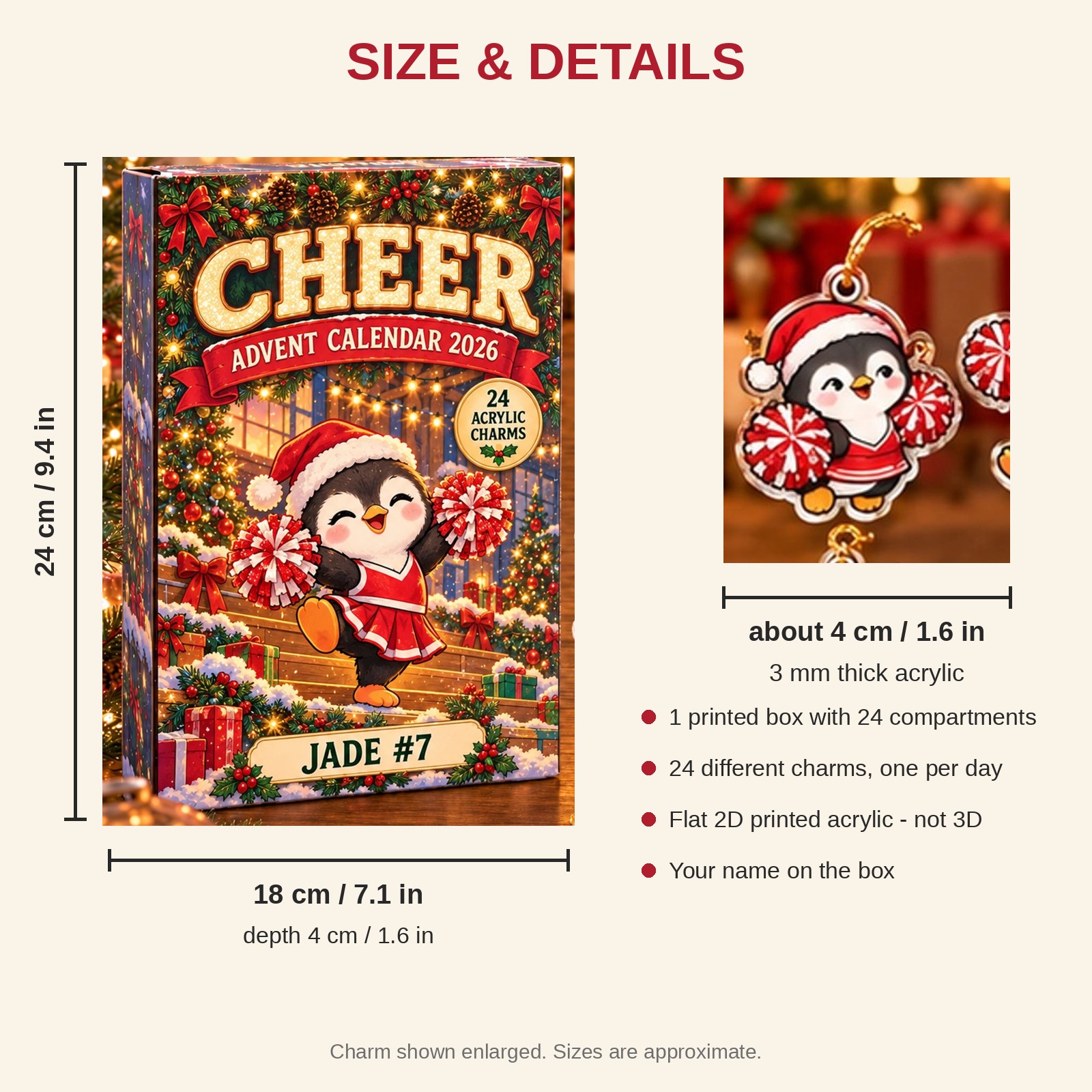 Personalized Cheer Penguin advent calendar box with 24 flat acrylic Christmas charms: box and charm sizes