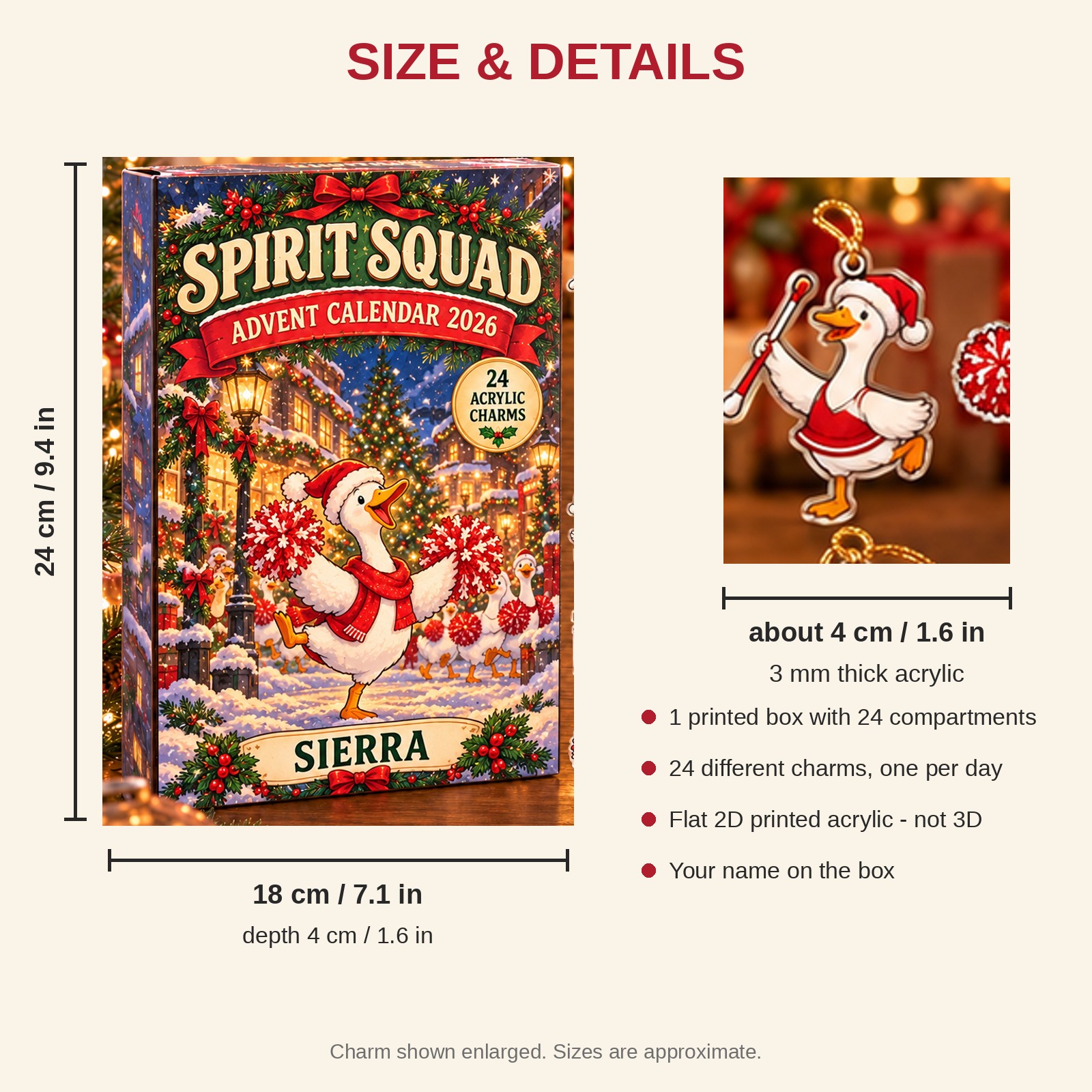 Personalized Cheer Silly Goose advent calendar box with 24 flat acrylic Christmas charms: box and charm sizes
