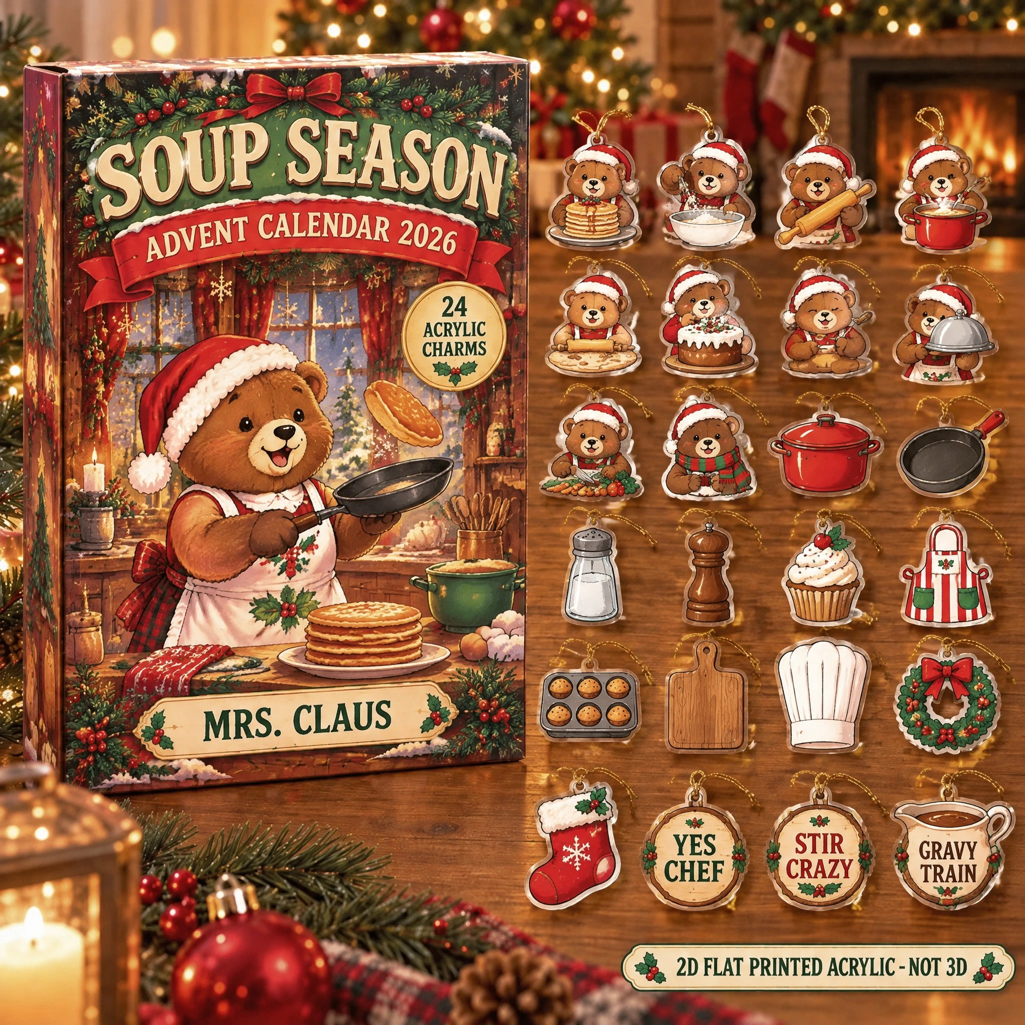 Personalized Chef Bear advent calendar box with 24 flat acrylic Christmas charms