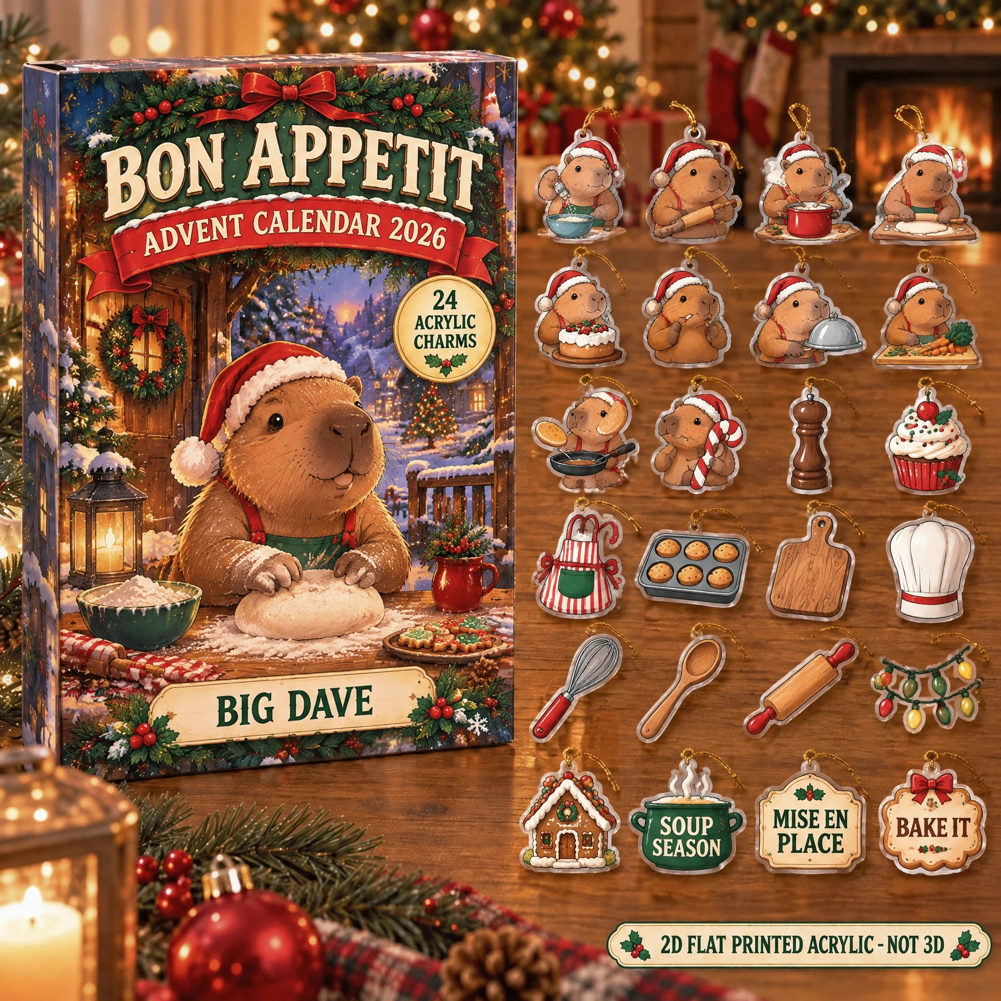 Personalized Chef Capybara advent calendar box with 24 flat acrylic Christmas charms