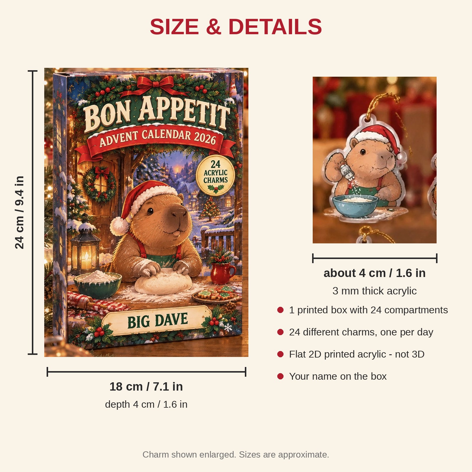 Personalized Chef Capybara advent calendar box with 24 flat acrylic Christmas charms: box and charm sizes