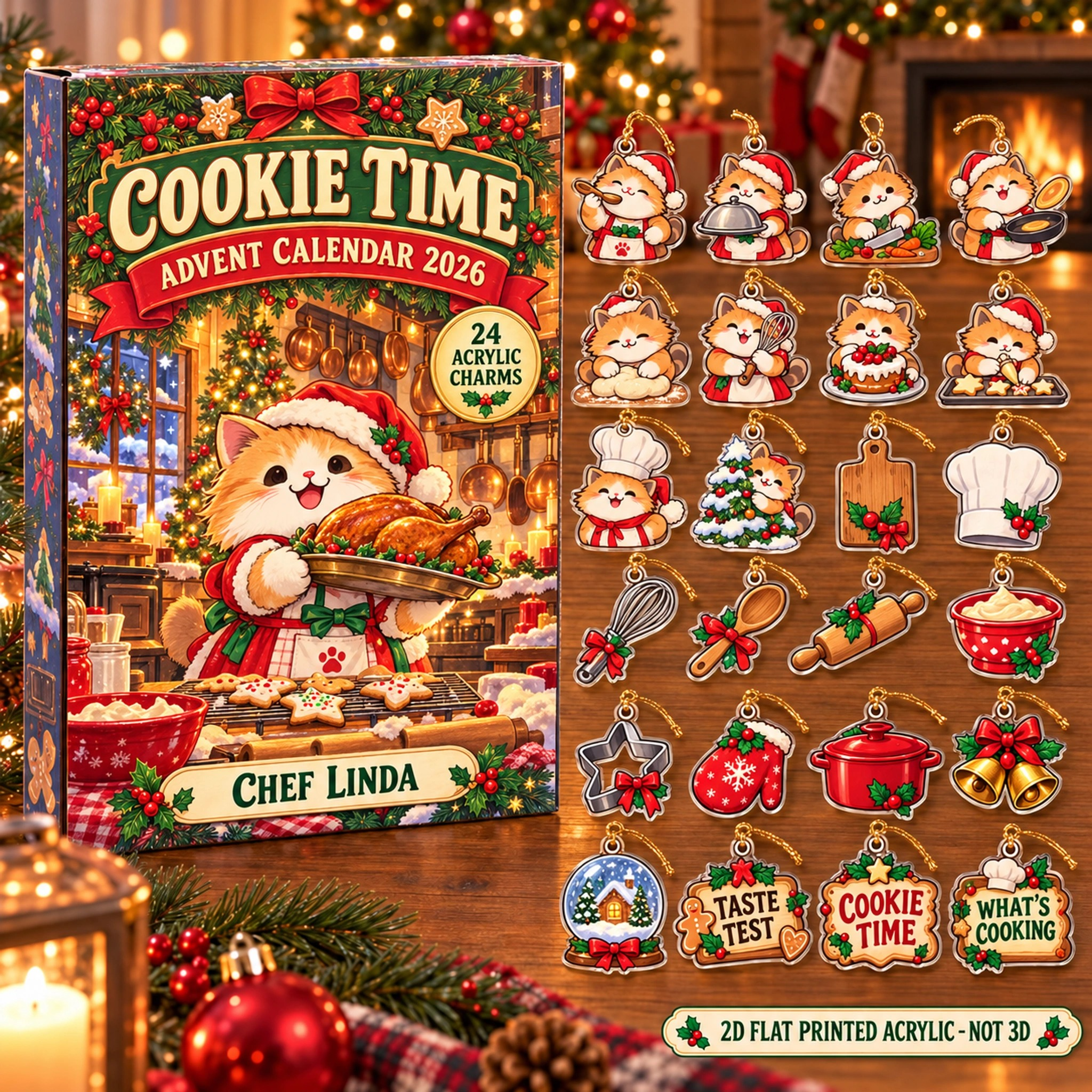 Personalized Chef Cat advent calendar box with 24 flat acrylic Christmas charms