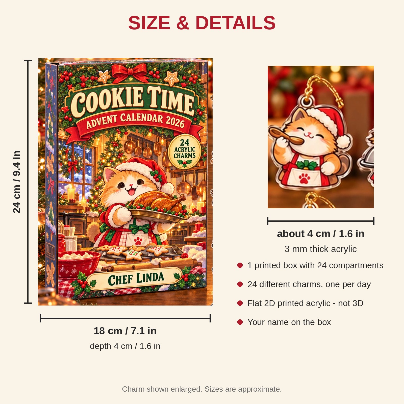 Personalized Chef Cat advent calendar box with 24 flat acrylic Christmas charms: box and charm sizes