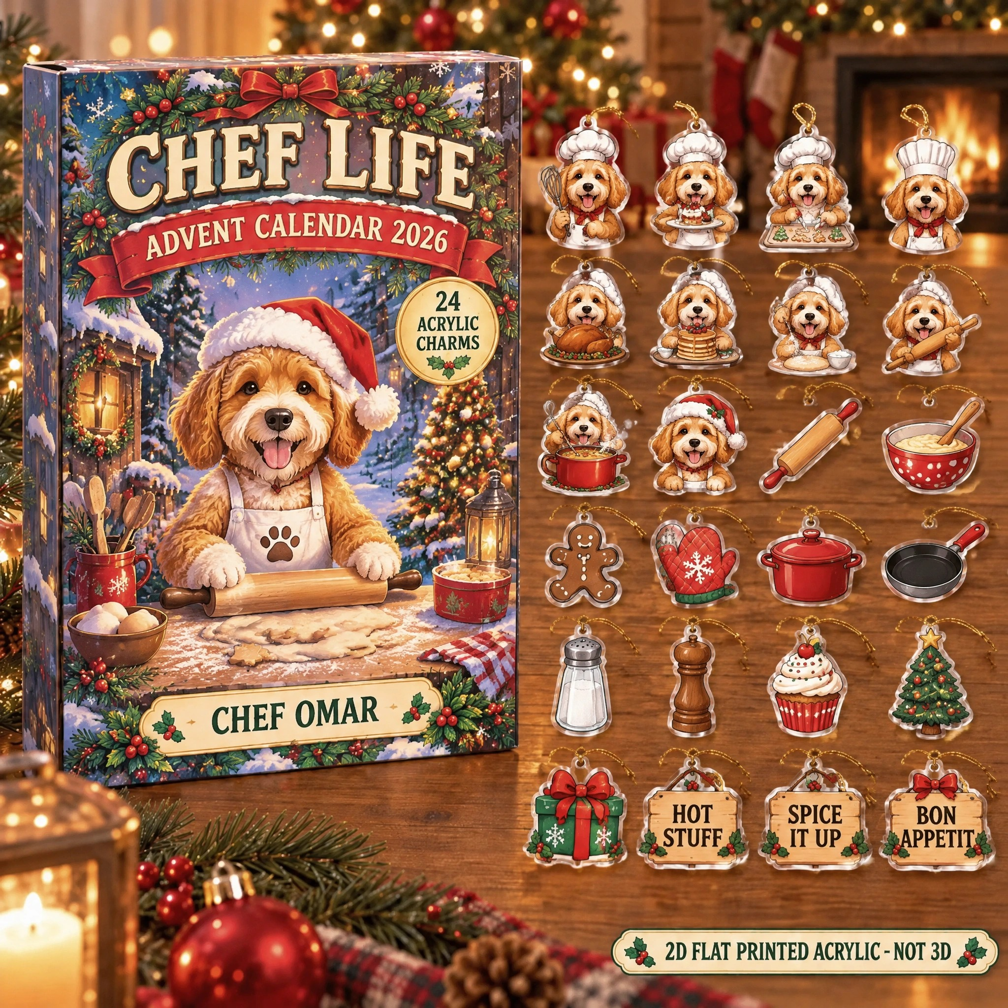 Personalized Chef Dog advent calendar box with 24 flat acrylic Christmas charms