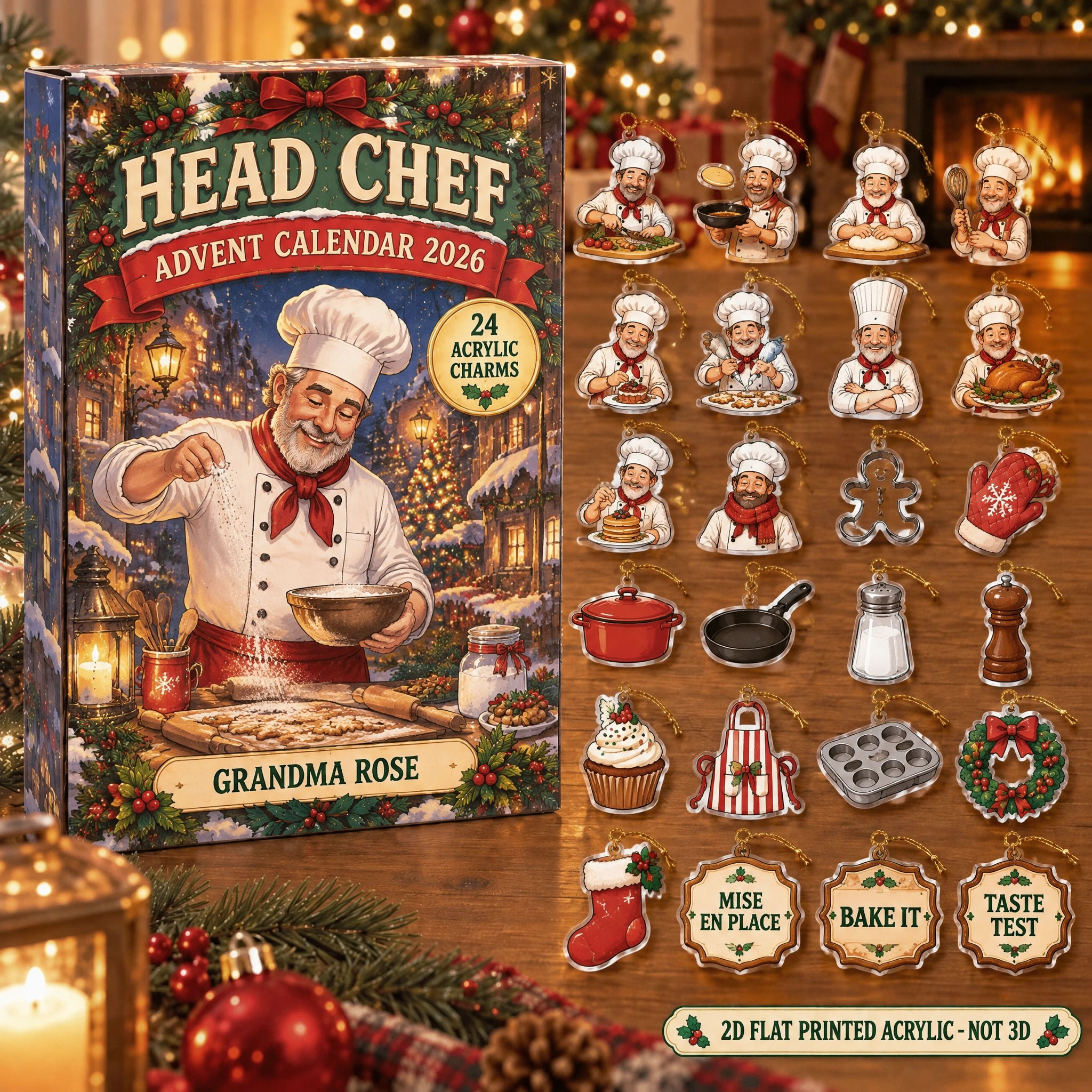 Personalized Chef Essentials advent calendar box with 24 flat acrylic Christmas charms