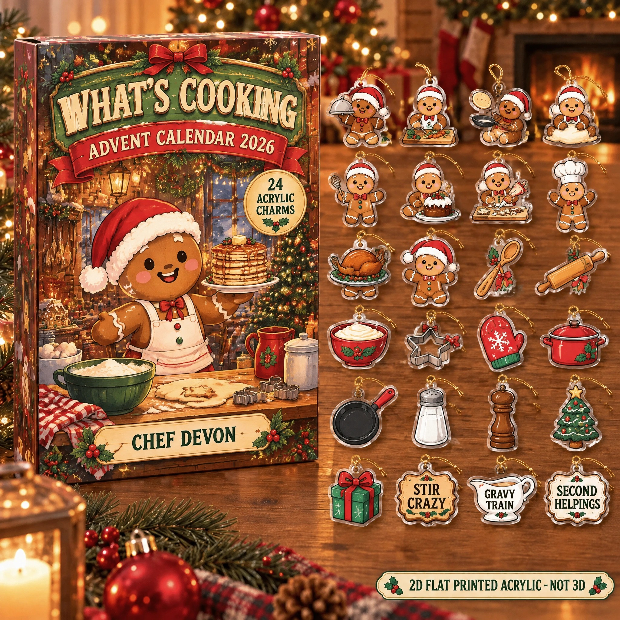 Personalized Chef Gingerbread advent calendar box with 24 flat acrylic Christmas charms
