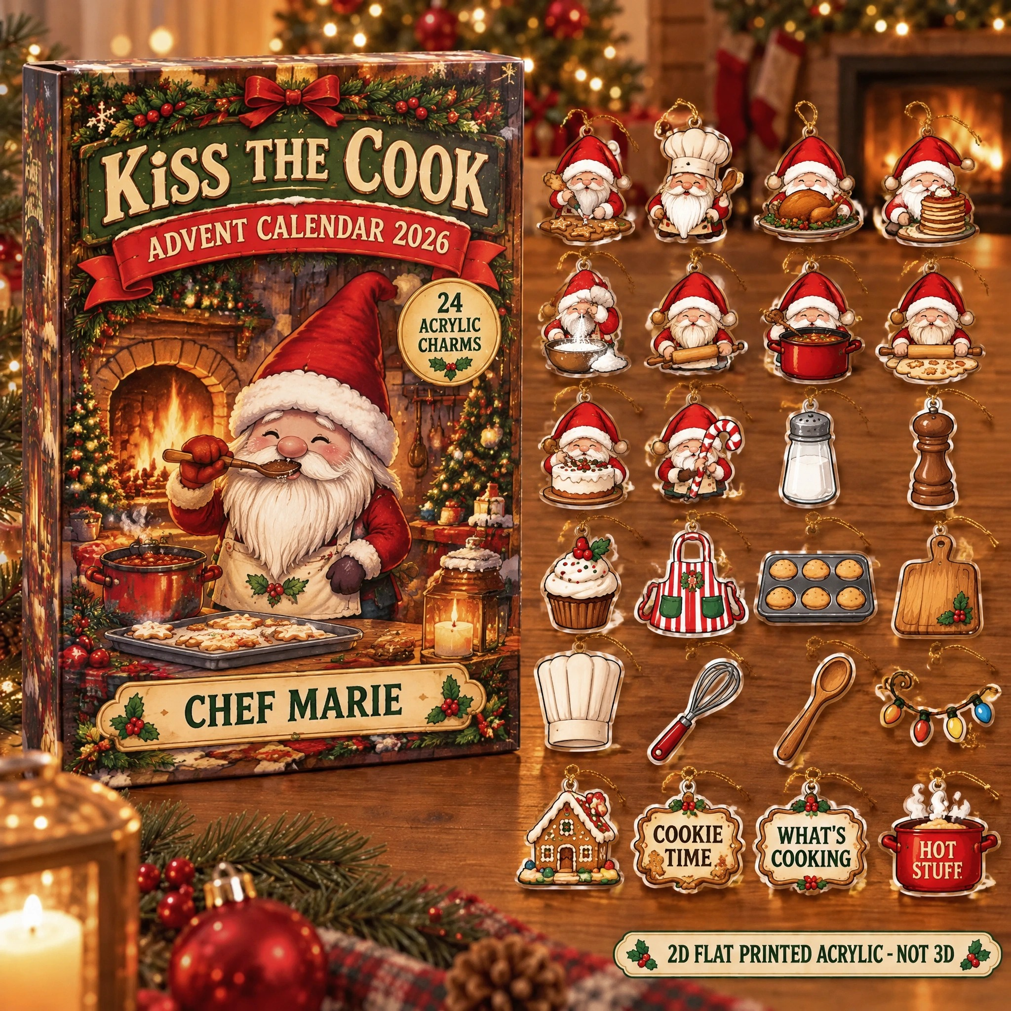 Personalized Chef Gnome advent calendar box with 24 flat acrylic Christmas charms