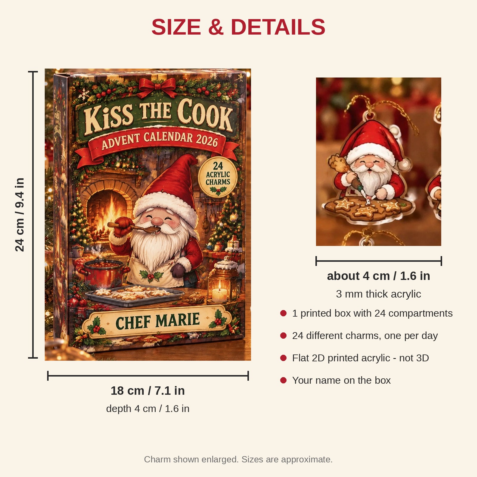 Personalized Chef Gnome advent calendar box with 24 flat acrylic Christmas charms: box and charm sizes
