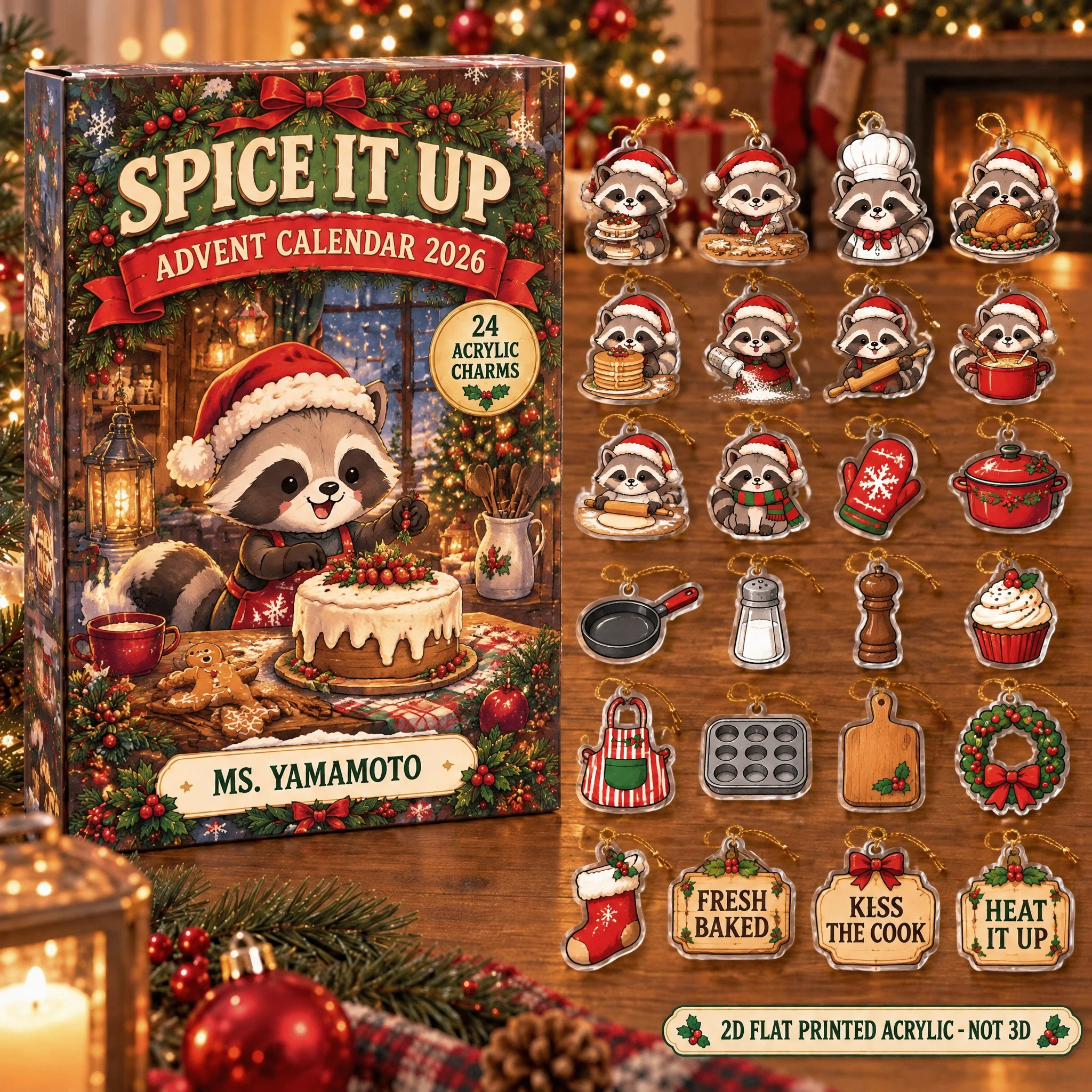 Personalized Chef Raccoon advent calendar box with 24 flat acrylic Christmas charms