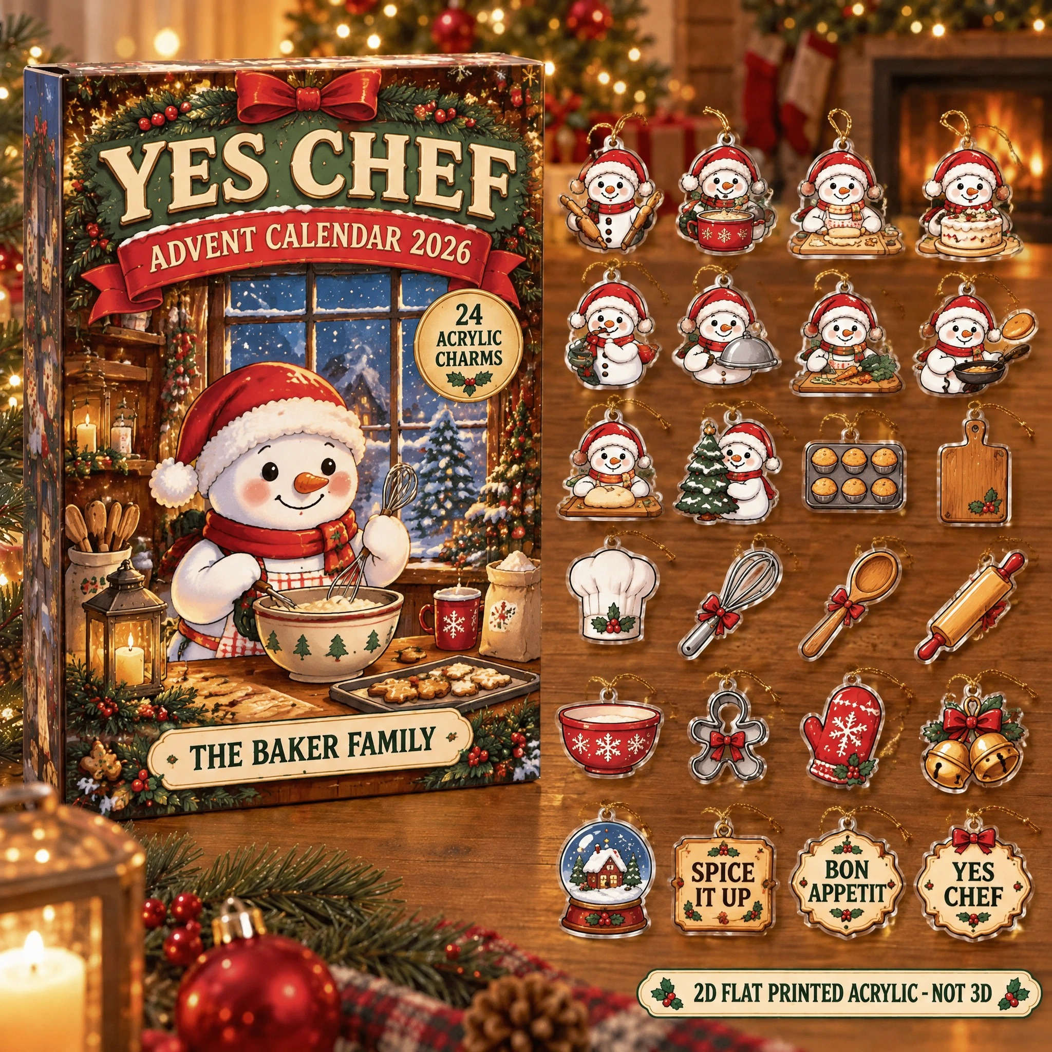 Personalized Chef Snowman advent calendar box with 24 flat acrylic Christmas charms
