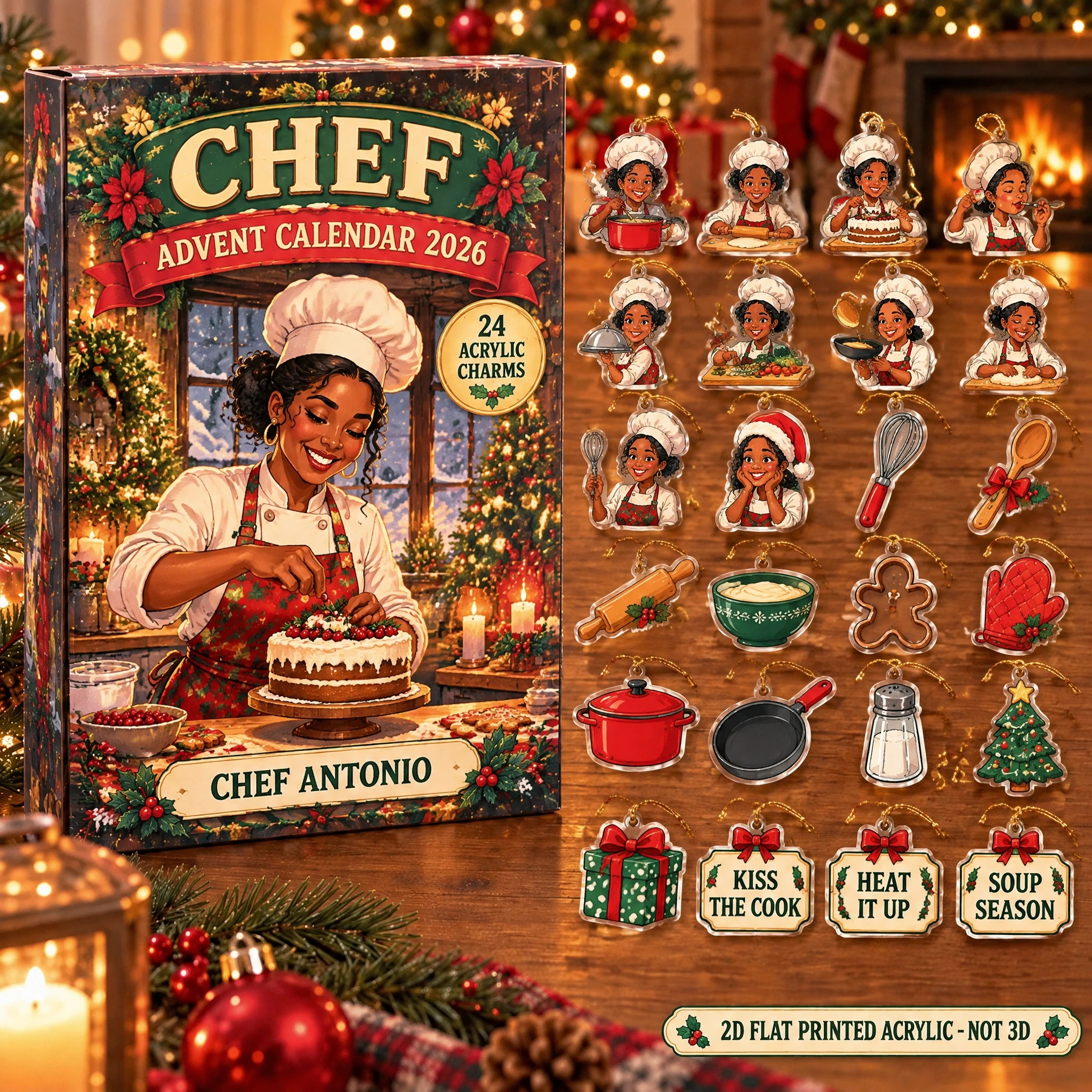 Personalized Retro Chef advent calendar box with 24 flat acrylic Christmas charms