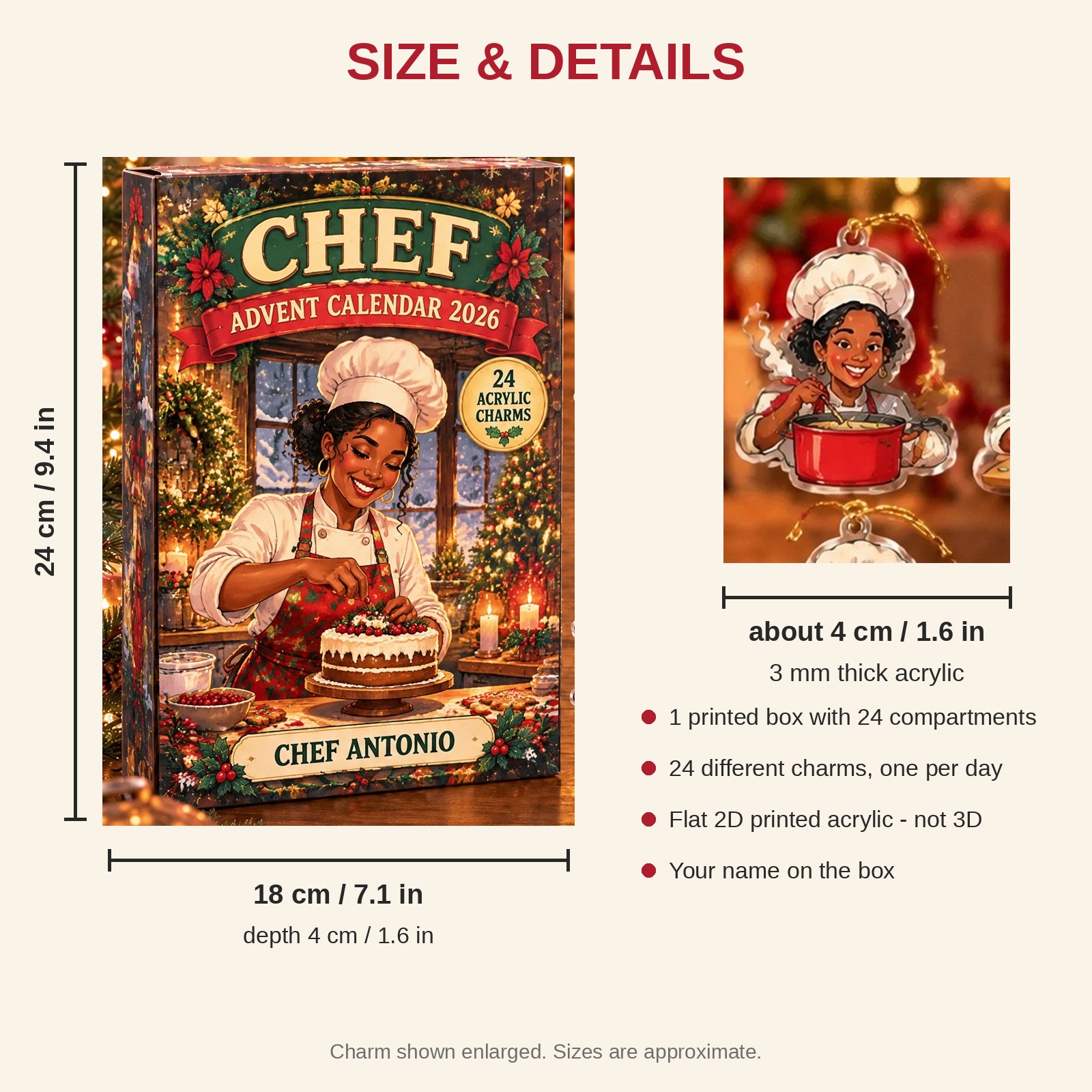Personalized Retro Chef advent calendar box with 24 flat acrylic Christmas charms: box and charm sizes