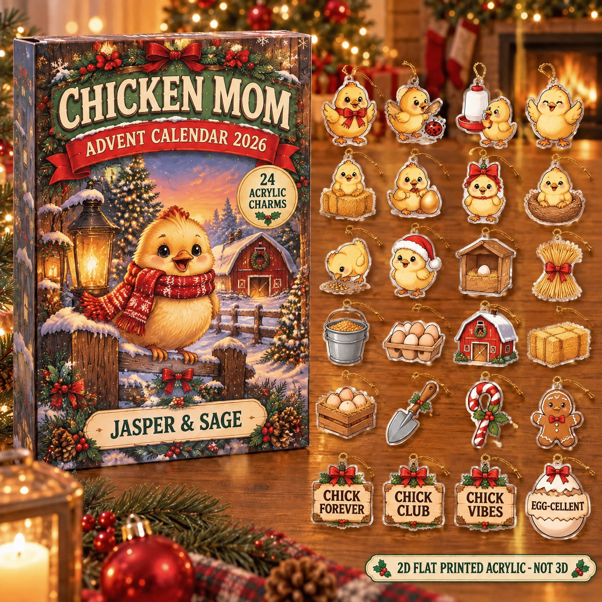 Personalized Baby Chick Lady advent calendar box with 24 flat acrylic Christmas charms