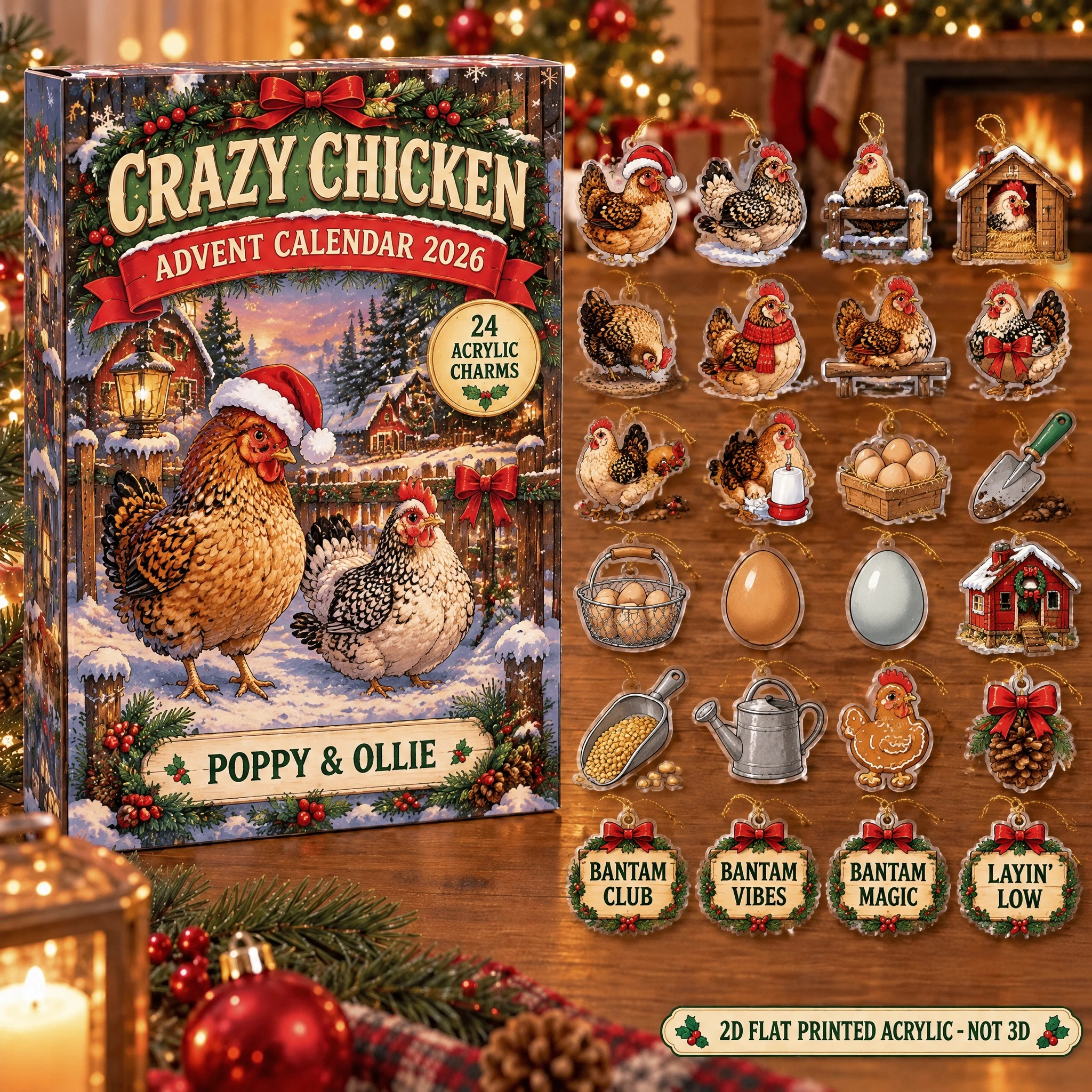 Personalized Bantam Chicken Lady advent calendar box with 24 flat acrylic Christmas charms