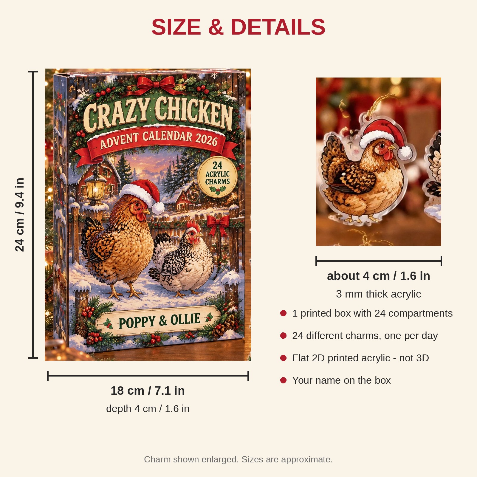 Personalized Bantam Chicken Lady advent calendar box with 24 flat acrylic Christmas charms: box and charm sizes