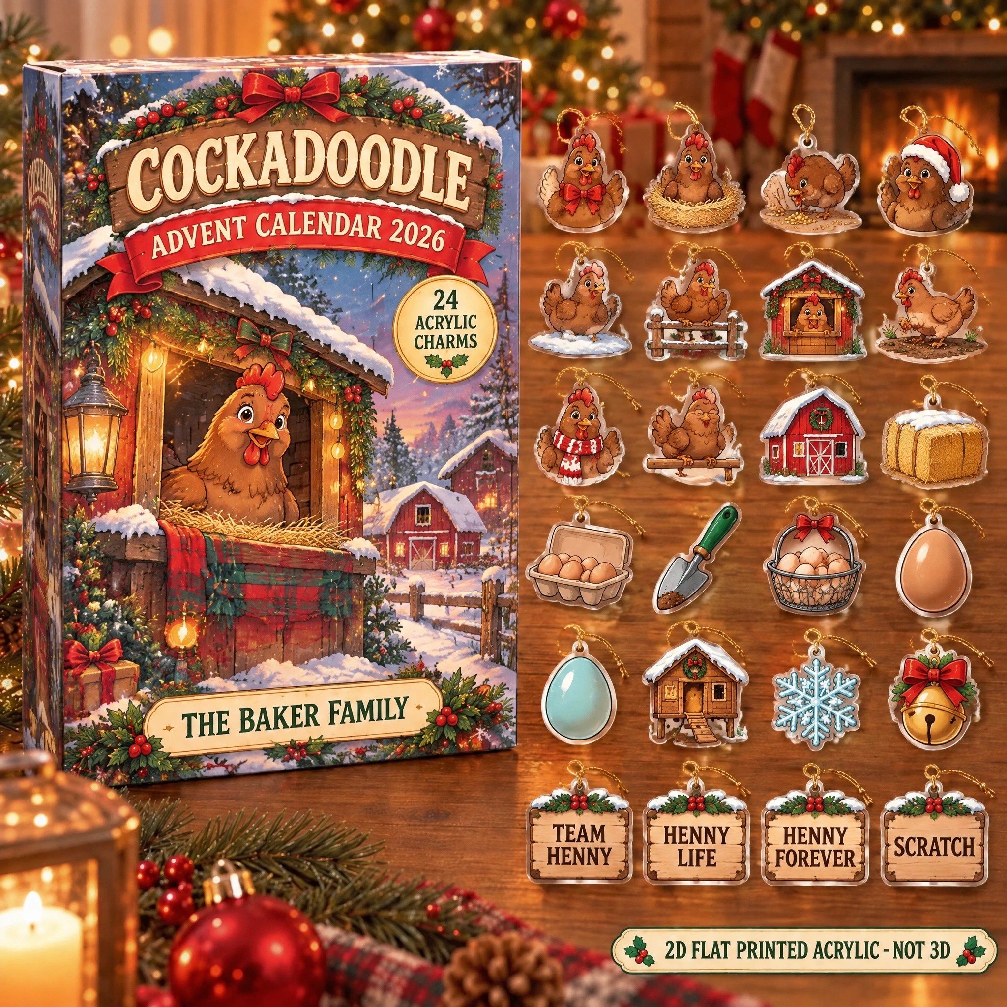 Personalized Brown Hen Lady advent calendar box with 24 flat acrylic Christmas charms