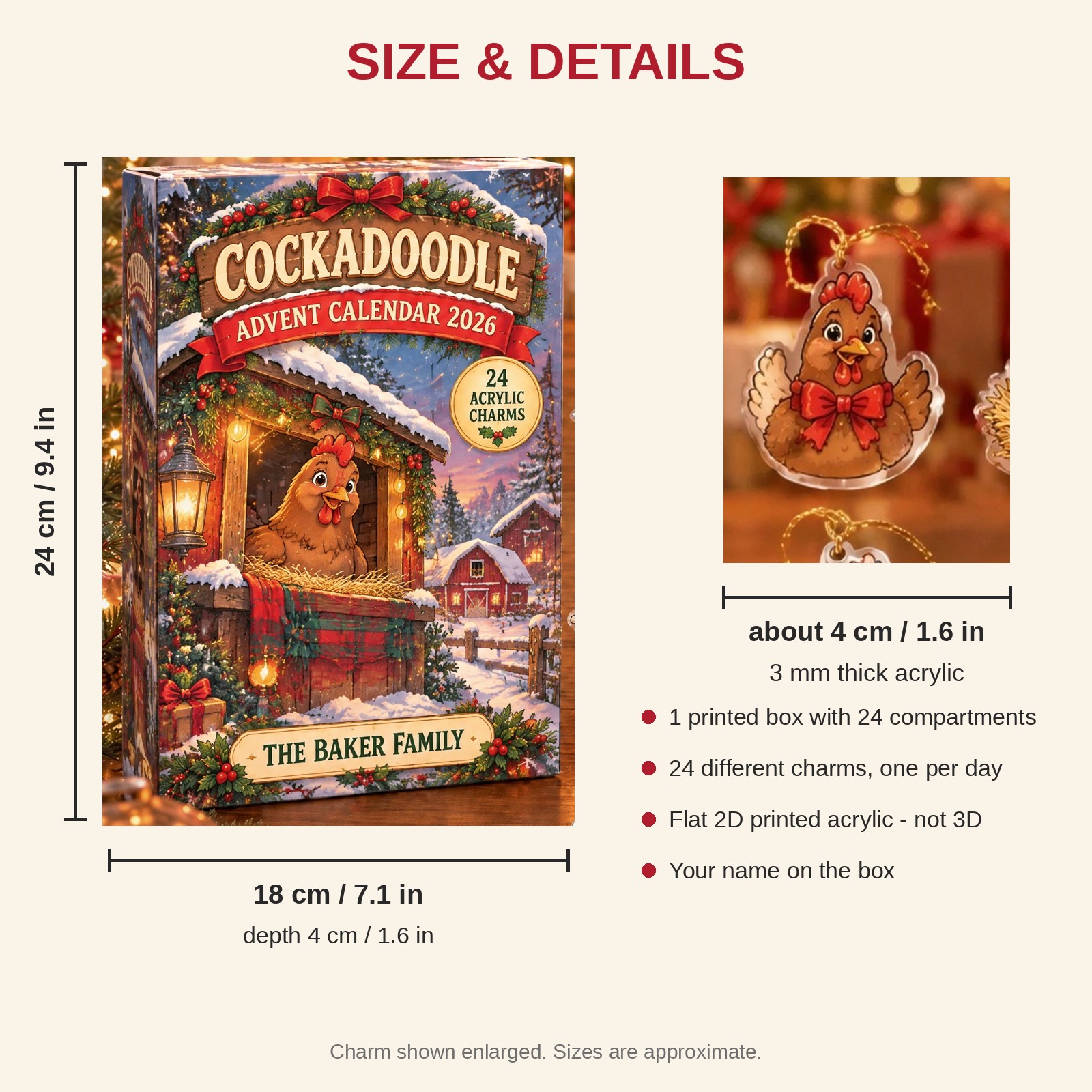 Personalized Brown Hen Lady advent calendar box with 24 flat acrylic Christmas charms: box and charm sizes