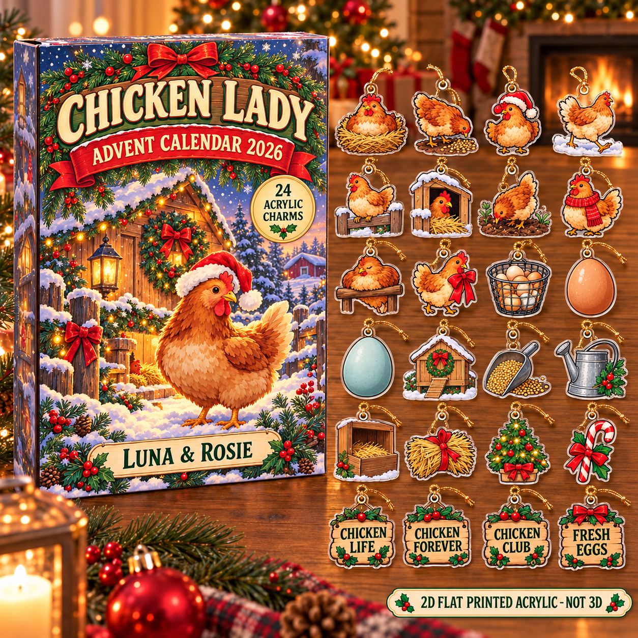 Personalized Chicken Lady advent calendar box with 24 flat acrylic Christmas charms
