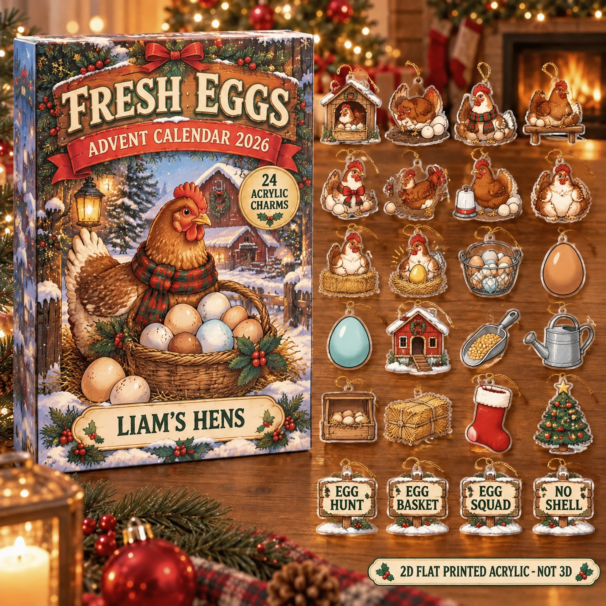 Personalized Chicken And Eggs Lady advent calendar box with 24 flat acrylic Christmas charms