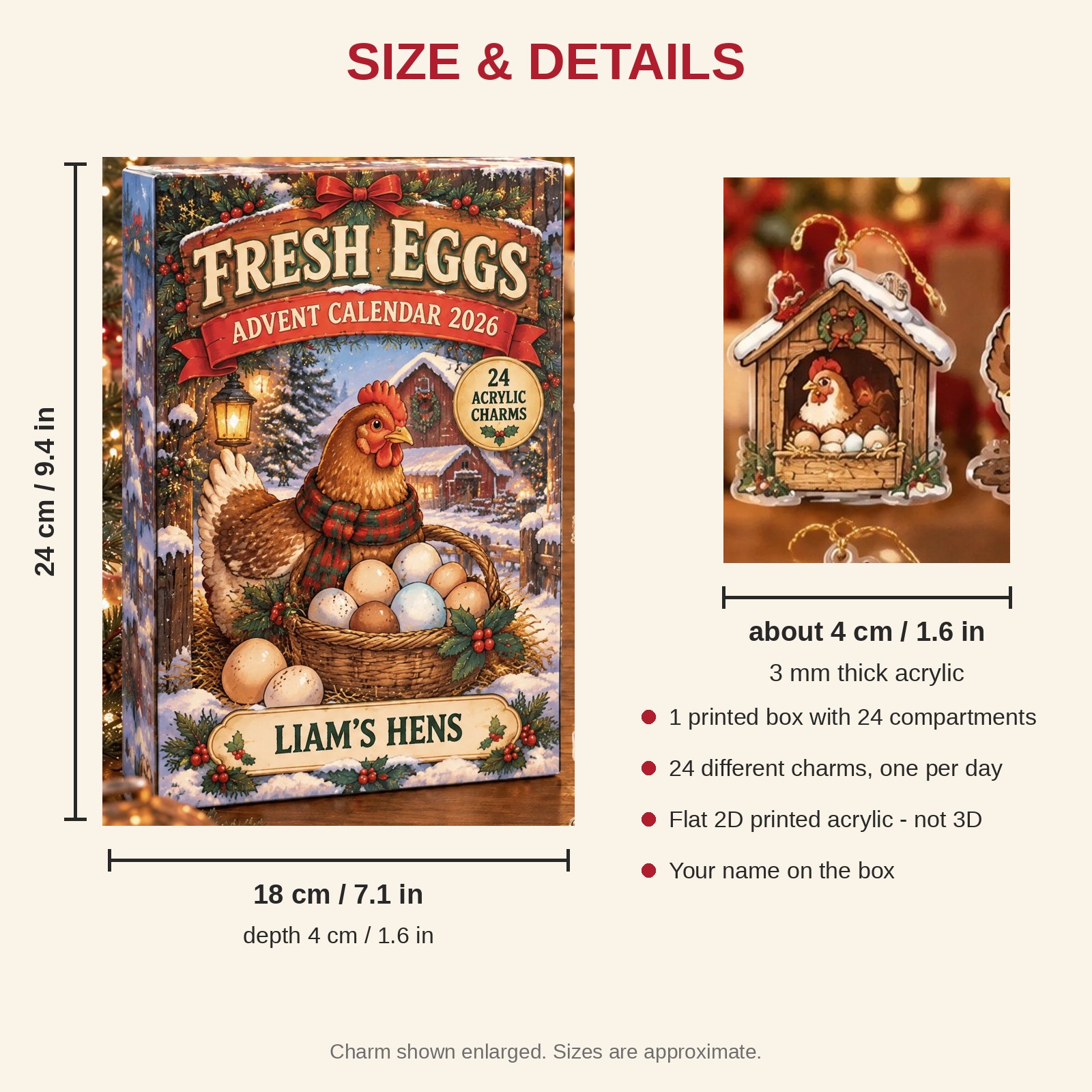 Personalized Chicken And Eggs Lady advent calendar box with 24 flat acrylic Christmas charms: box and charm sizes
