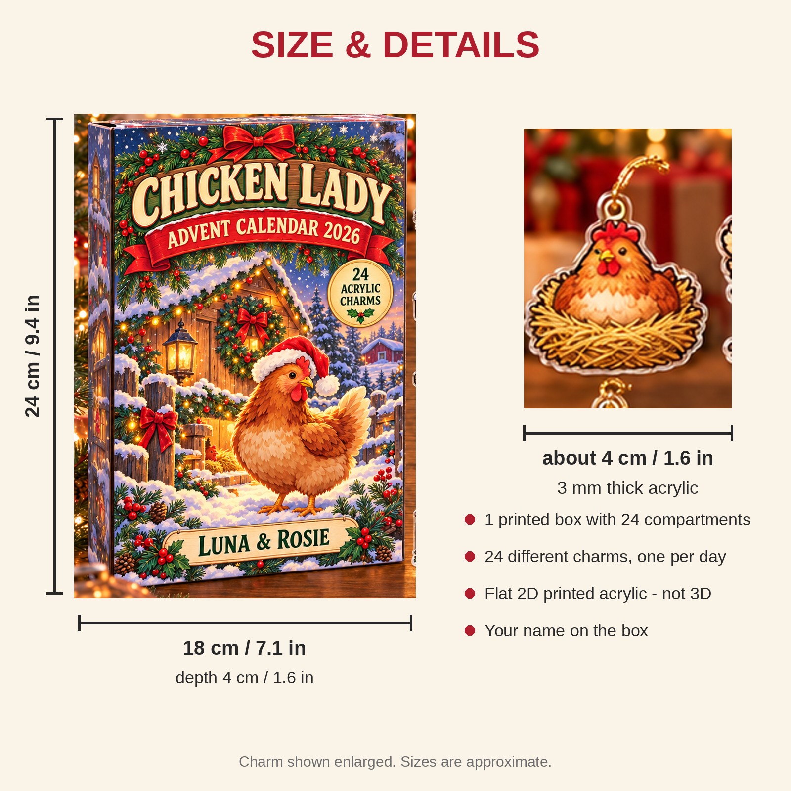 Personalized Chicken Lady advent calendar box with 24 flat acrylic Christmas charms: box and charm sizes