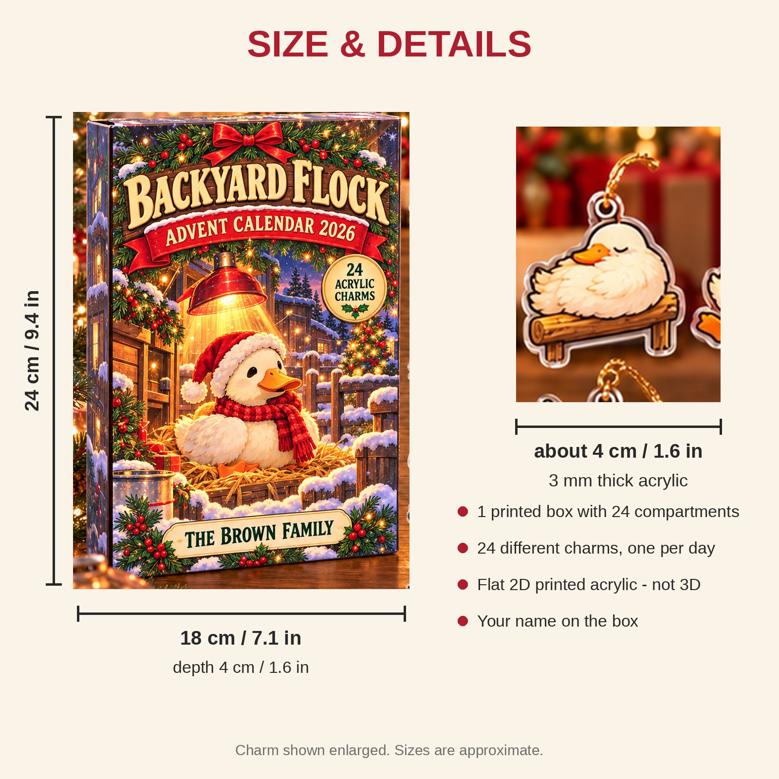 Personalized Duck Lady advent calendar box with 24 flat acrylic Christmas charms: box and charm sizes
