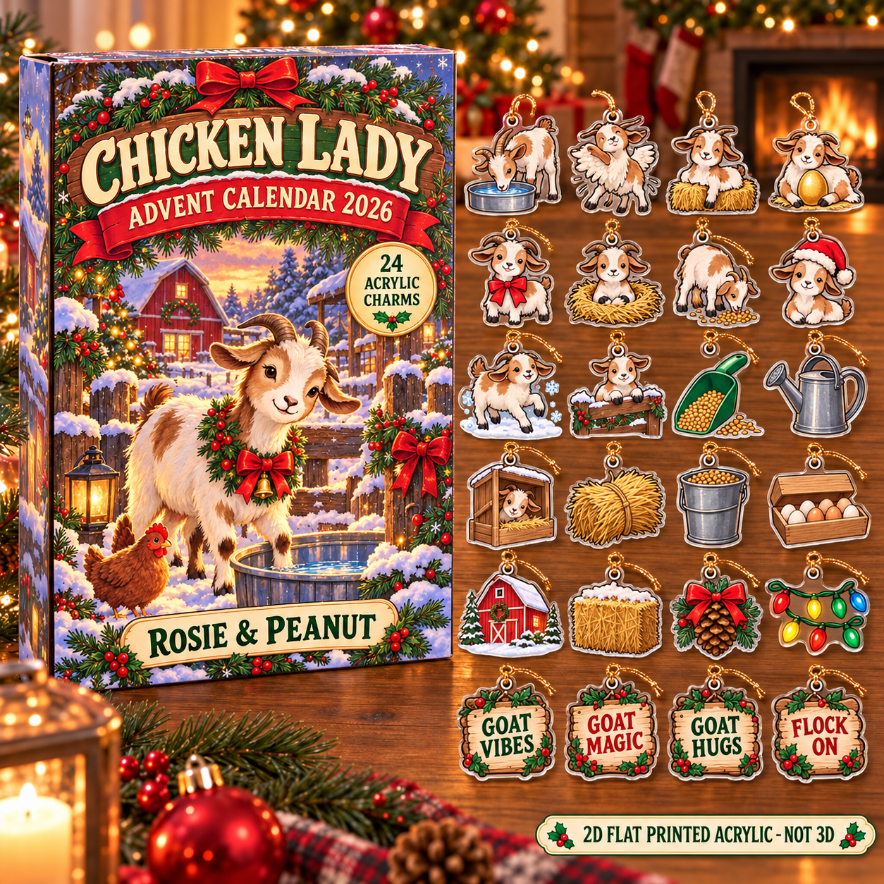 Personalized Goat Lady advent calendar box with 24 flat acrylic Christmas charms