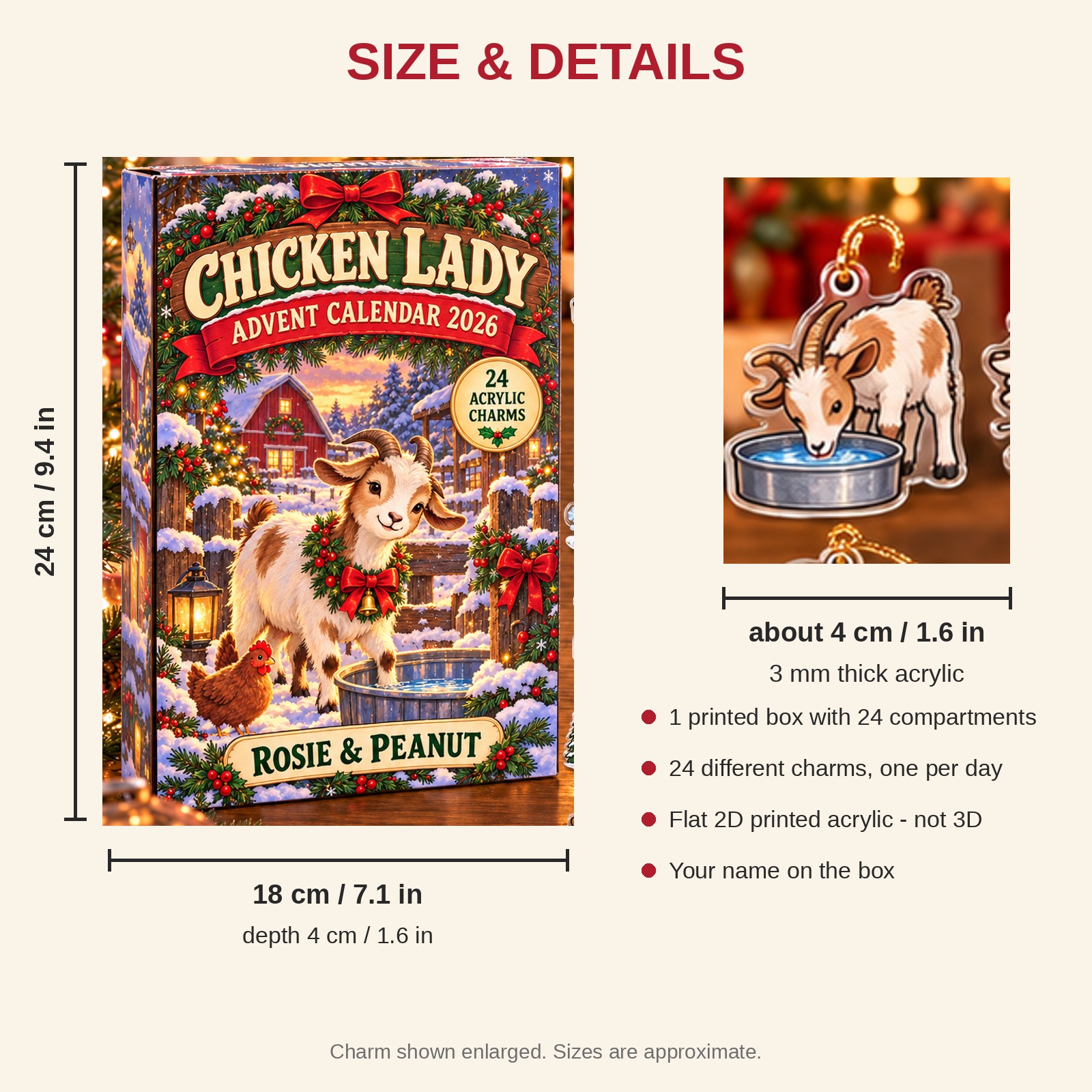 Personalized Goat Lady advent calendar box with 24 flat acrylic Christmas charms: box and charm sizes