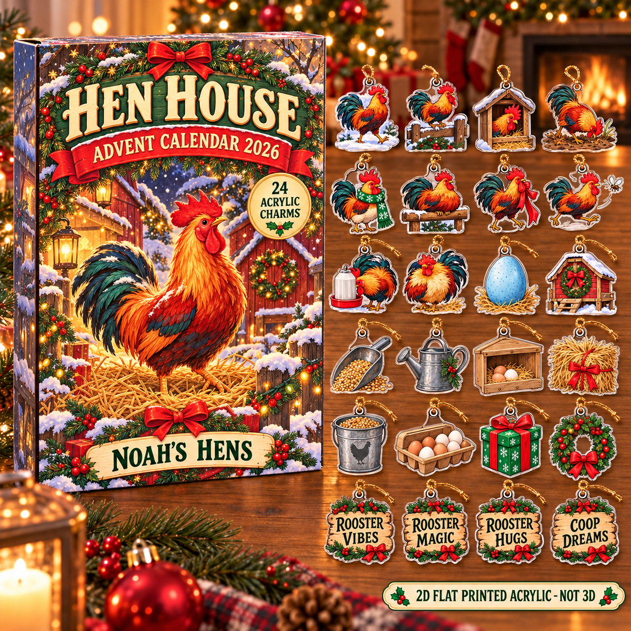 Personalized Rooster Lady advent calendar box with 24 flat acrylic Christmas charms