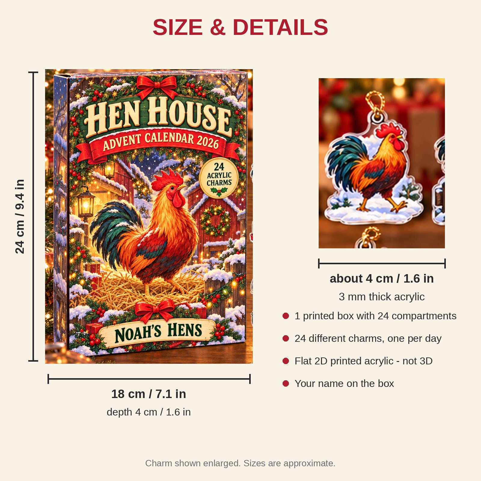 Personalized Rooster Lady advent calendar box with 24 flat acrylic Christmas charms: box and charm sizes