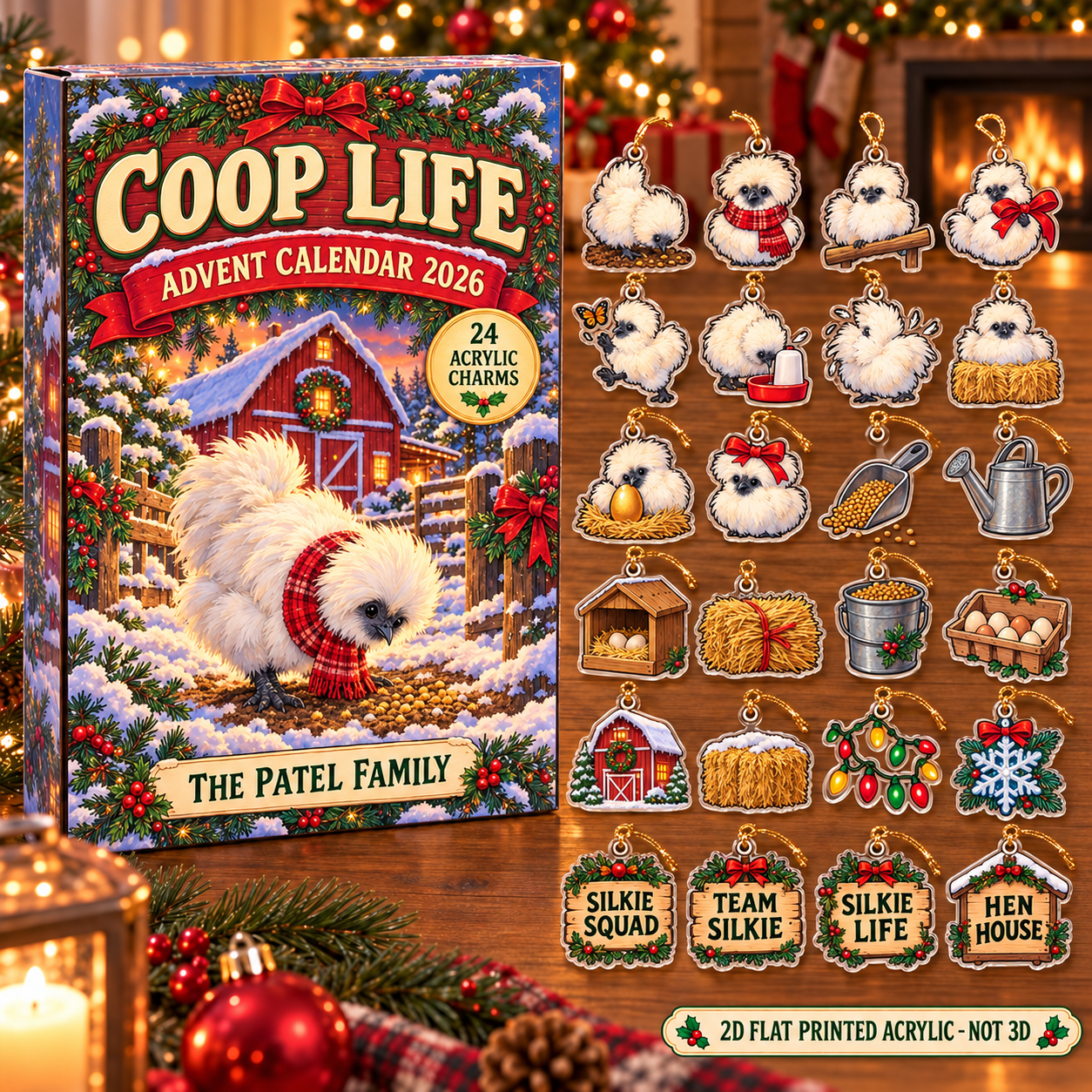 Personalized Silkie Chicken Lady advent calendar box with 24 flat acrylic Christmas charms