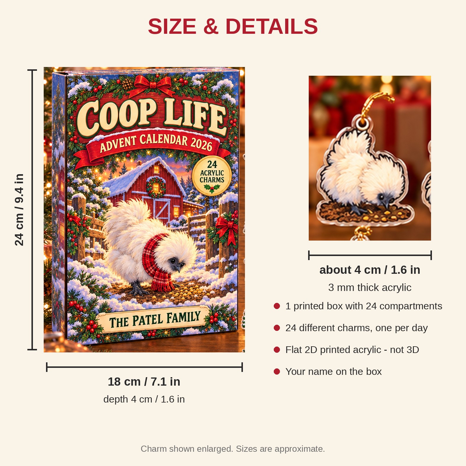 Personalized Silkie Chicken Lady advent calendar box with 24 flat acrylic Christmas charms: box and charm sizes