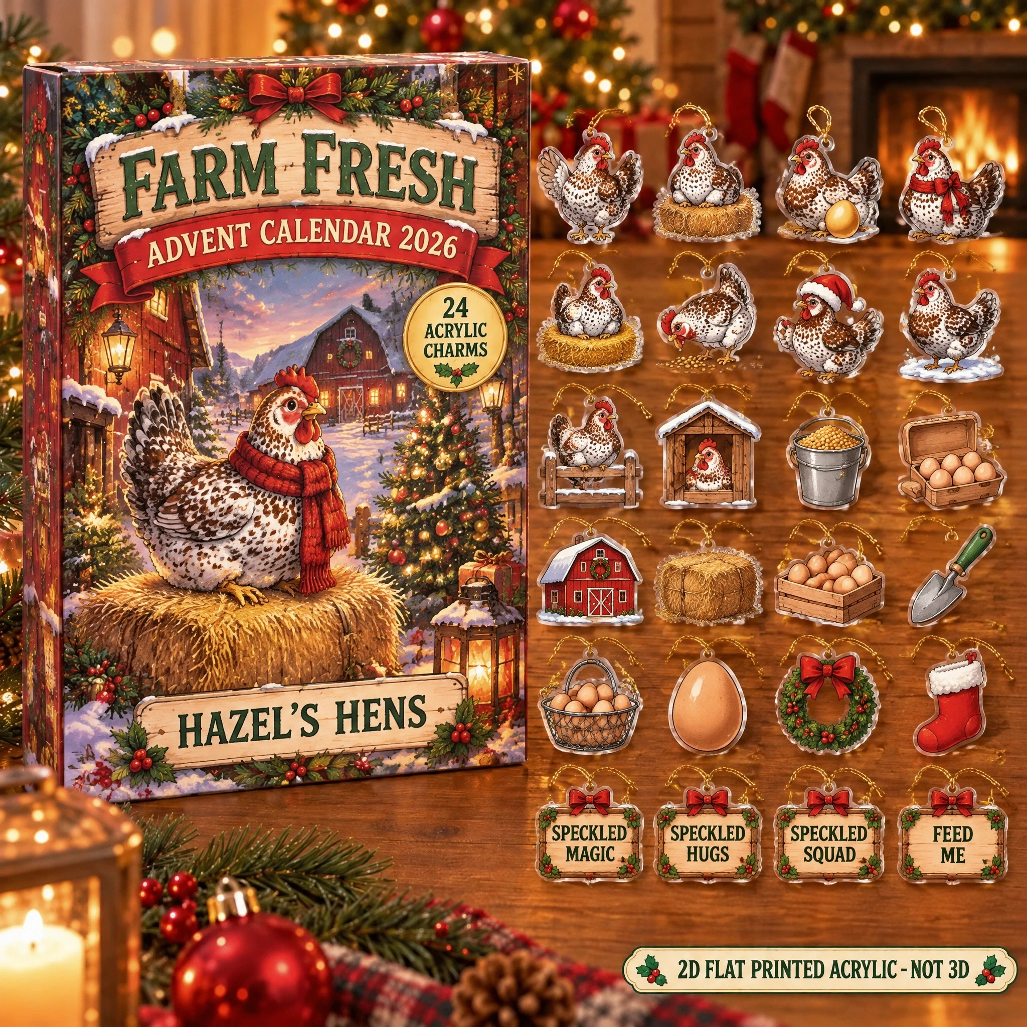 Personalized Speckled Hen Lady advent calendar box with 24 flat acrylic Christmas charms
