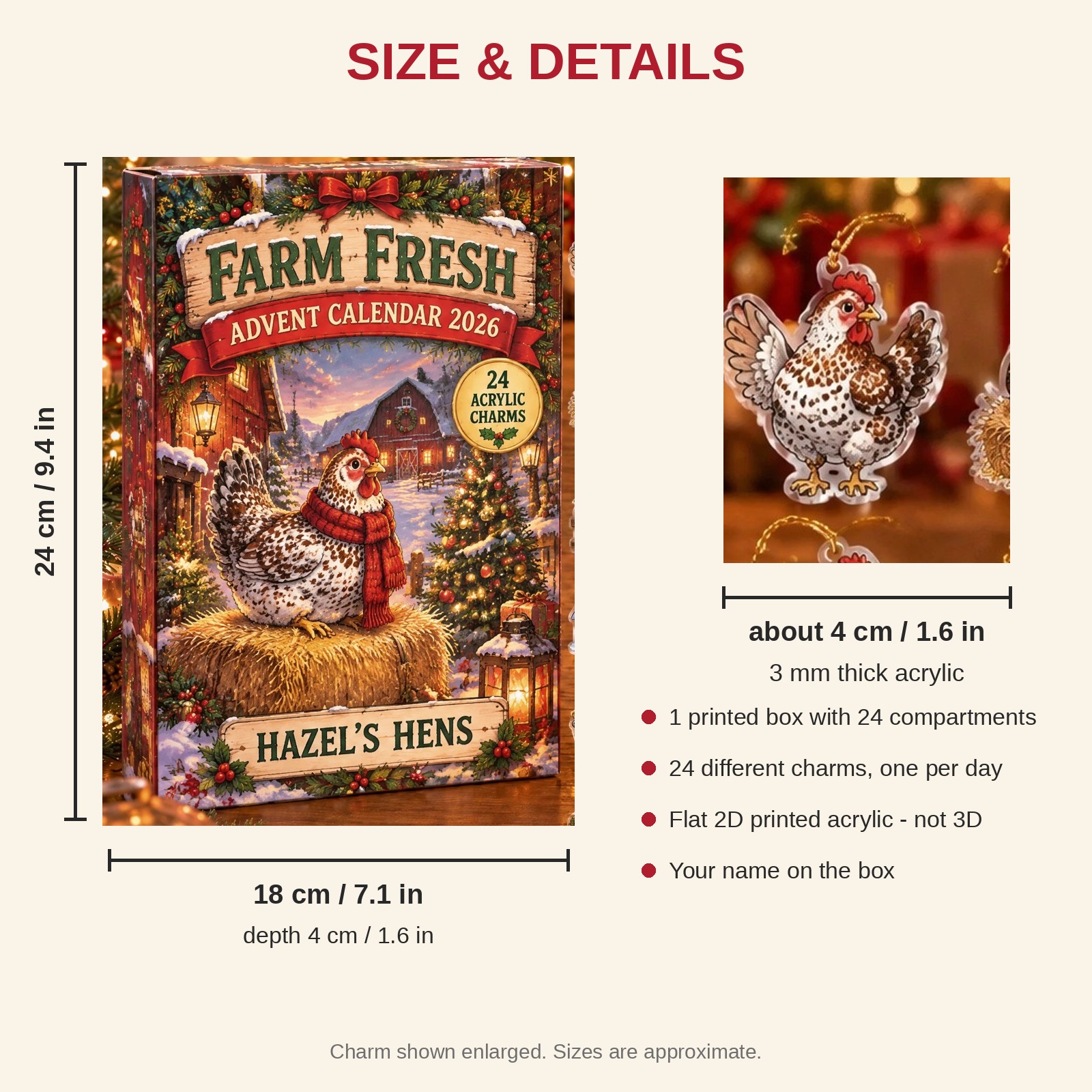 Personalized Speckled Hen Lady advent calendar box with 24 flat acrylic Christmas charms: box and charm sizes