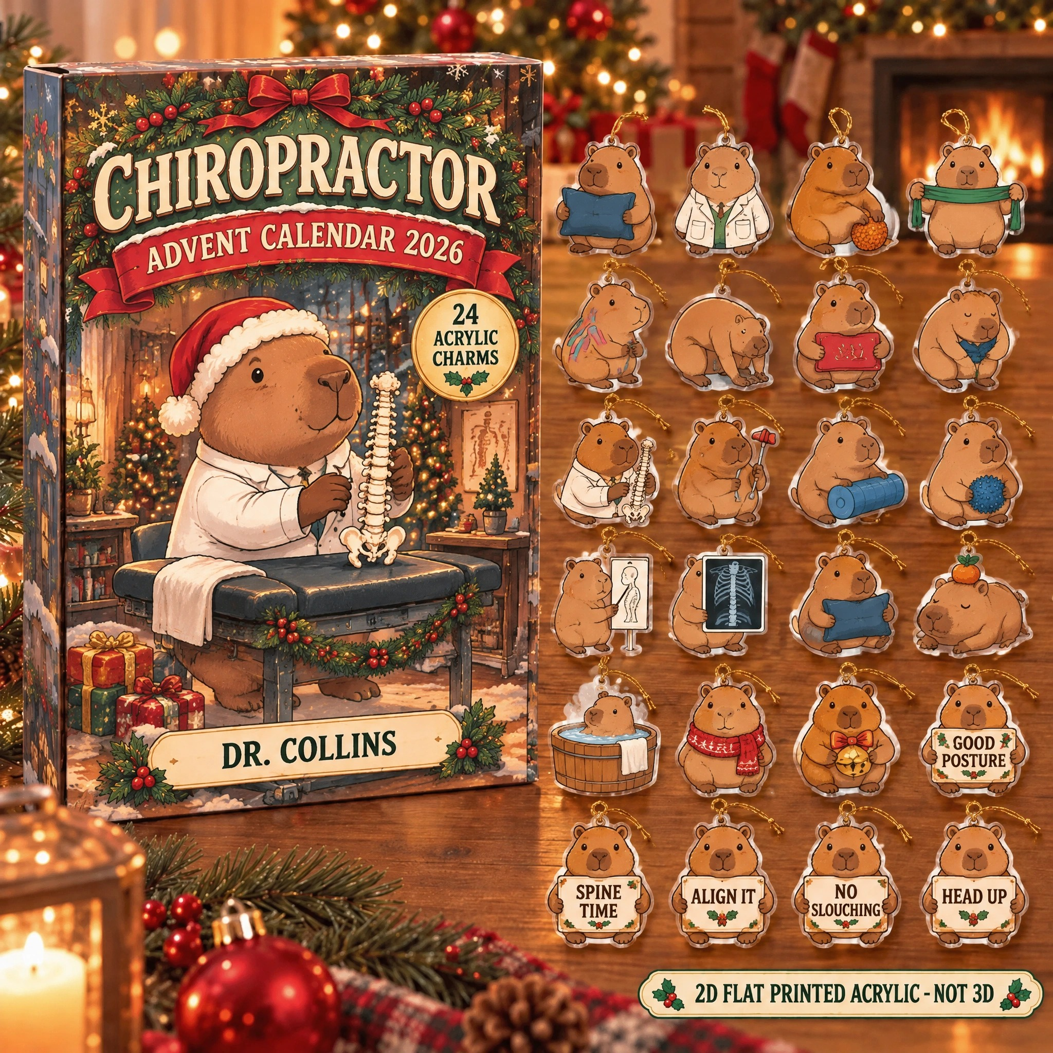 Personalized Chiropractor Capybara advent calendar box with 24 flat acrylic Christmas charms