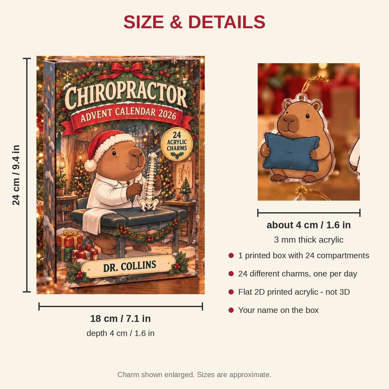 Personalized Chiropractor Capybara advent calendar box with 24 flat acrylic Christmas charms: box and charm sizes