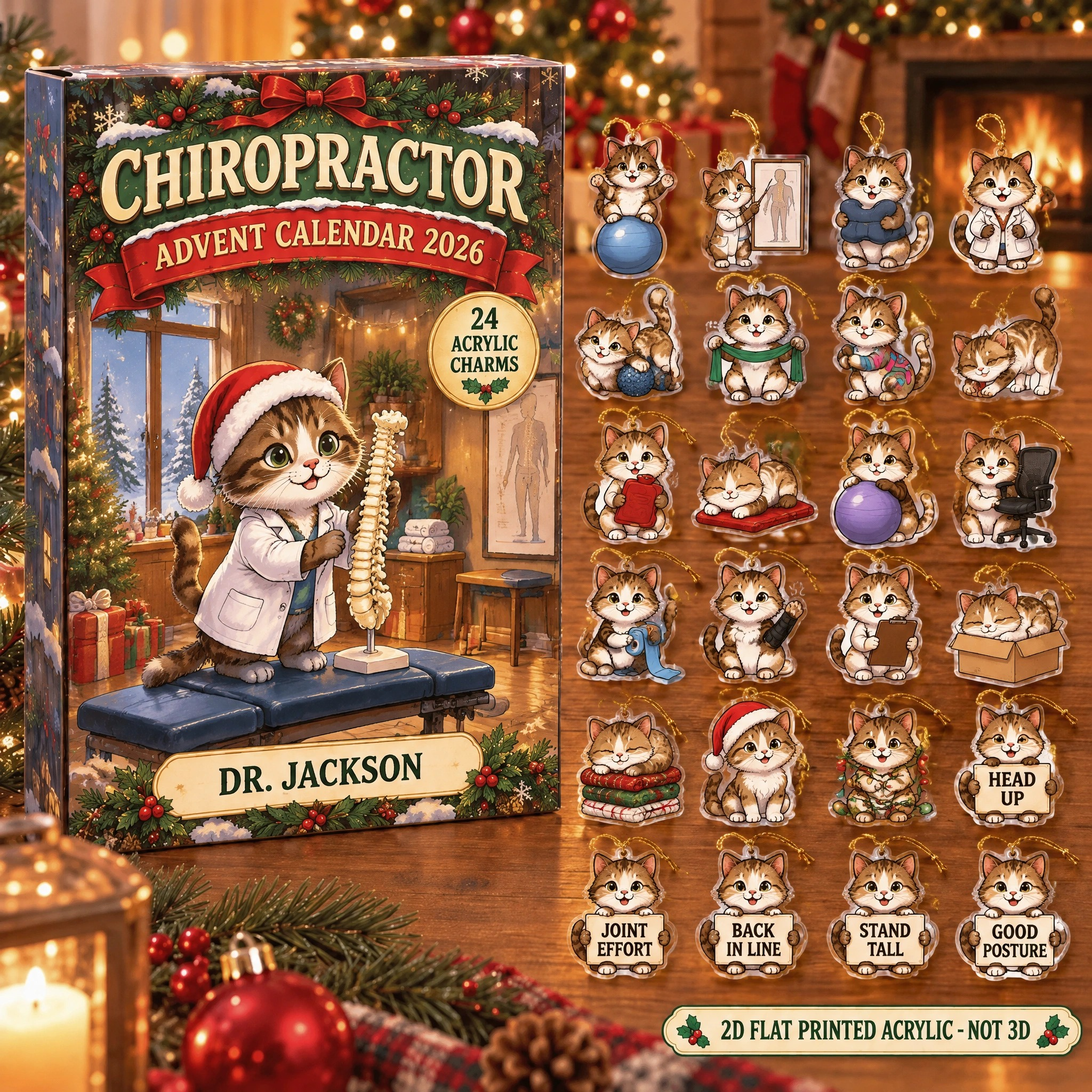 Personalized Chiropractor Cat advent calendar box with 24 flat acrylic Christmas charms