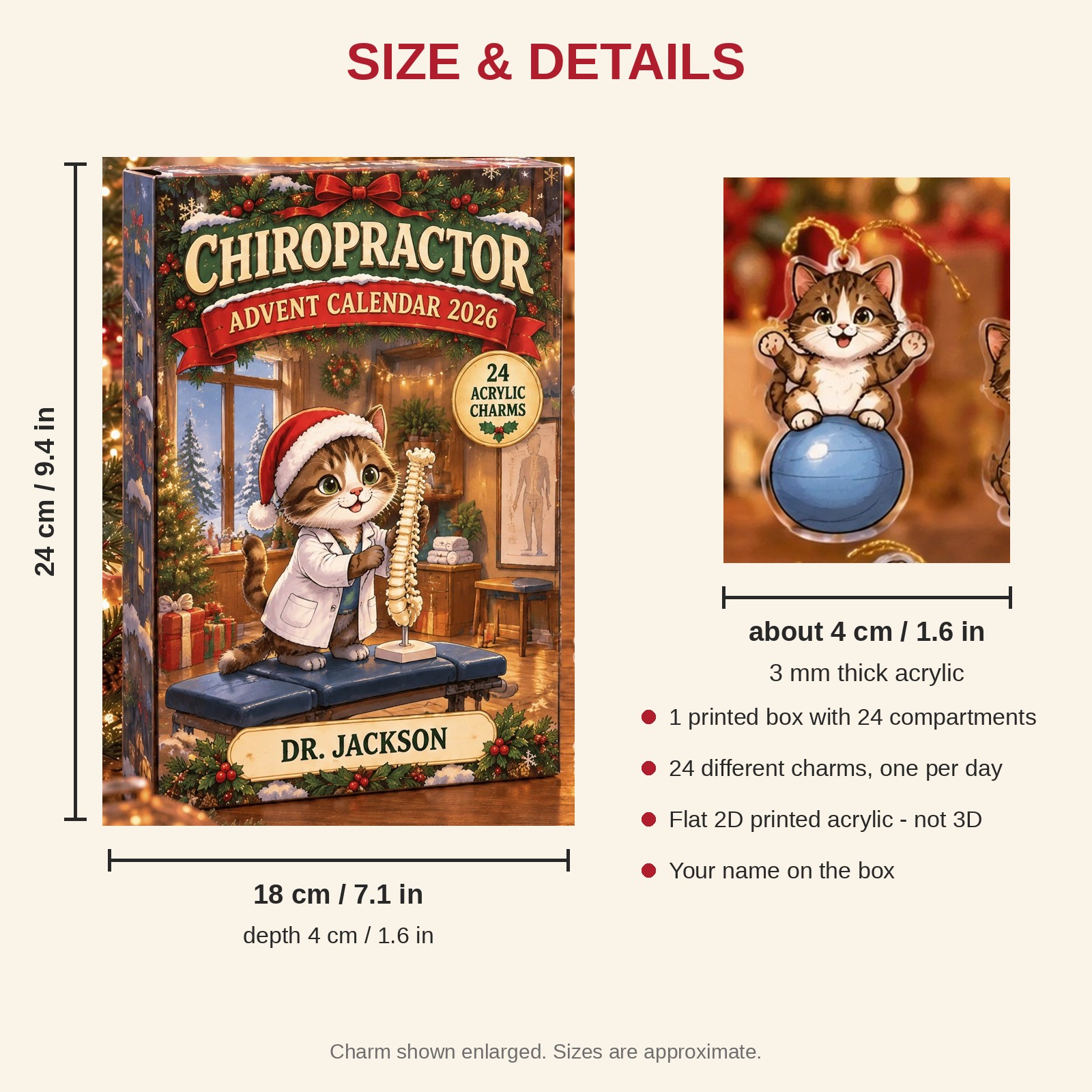 Personalized Chiropractor Cat advent calendar box with 24 flat acrylic Christmas charms: box and charm sizes