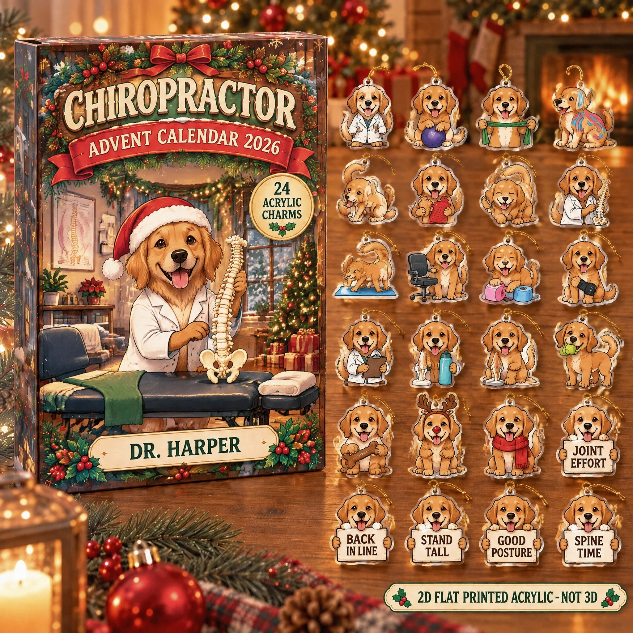 Personalized Chiropractor Dog advent calendar box with 24 flat acrylic Christmas charms