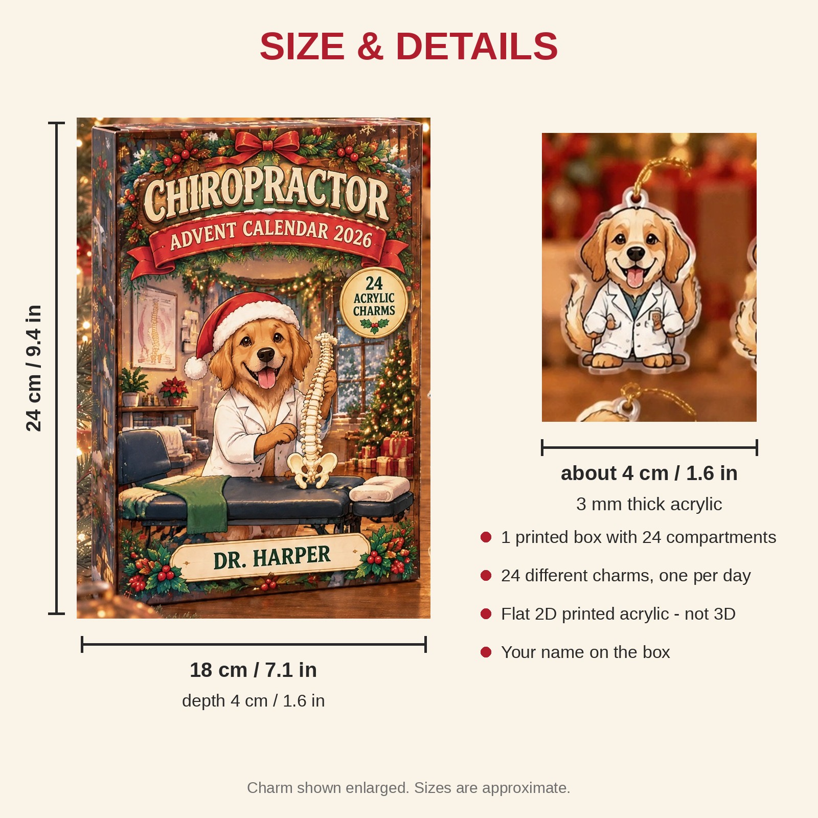 Personalized Chiropractor Dog advent calendar box with 24 flat acrylic Christmas charms: box and charm sizes