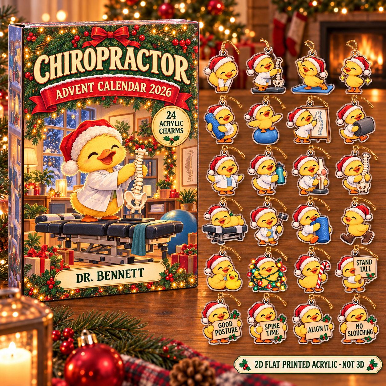 Personalized Chiropractor Duck advent calendar box with 24 flat acrylic Christmas charms