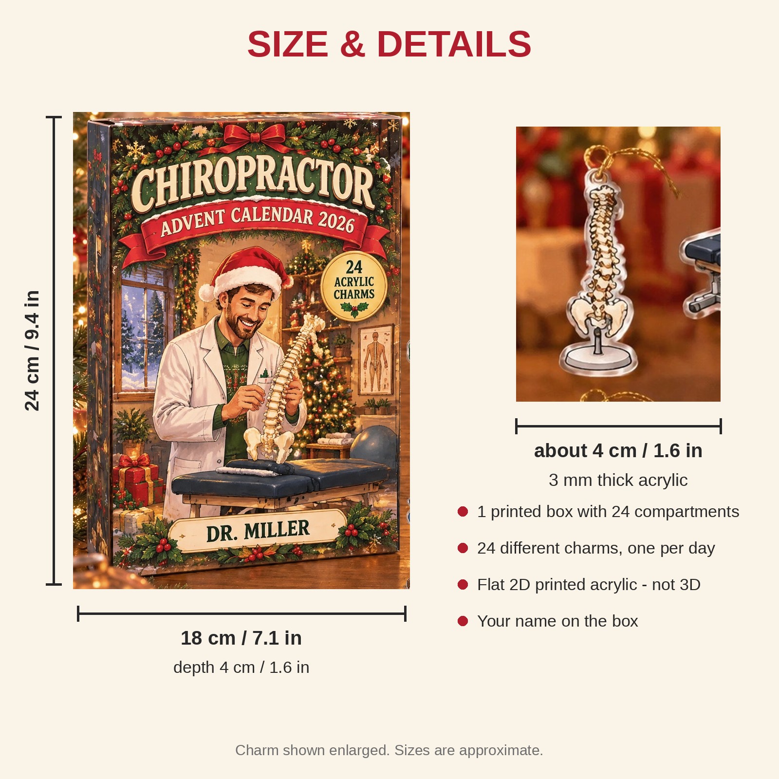 Personalized Chiropractor Essentials advent calendar box with 24 flat acrylic Christmas charms: box and charm sizes