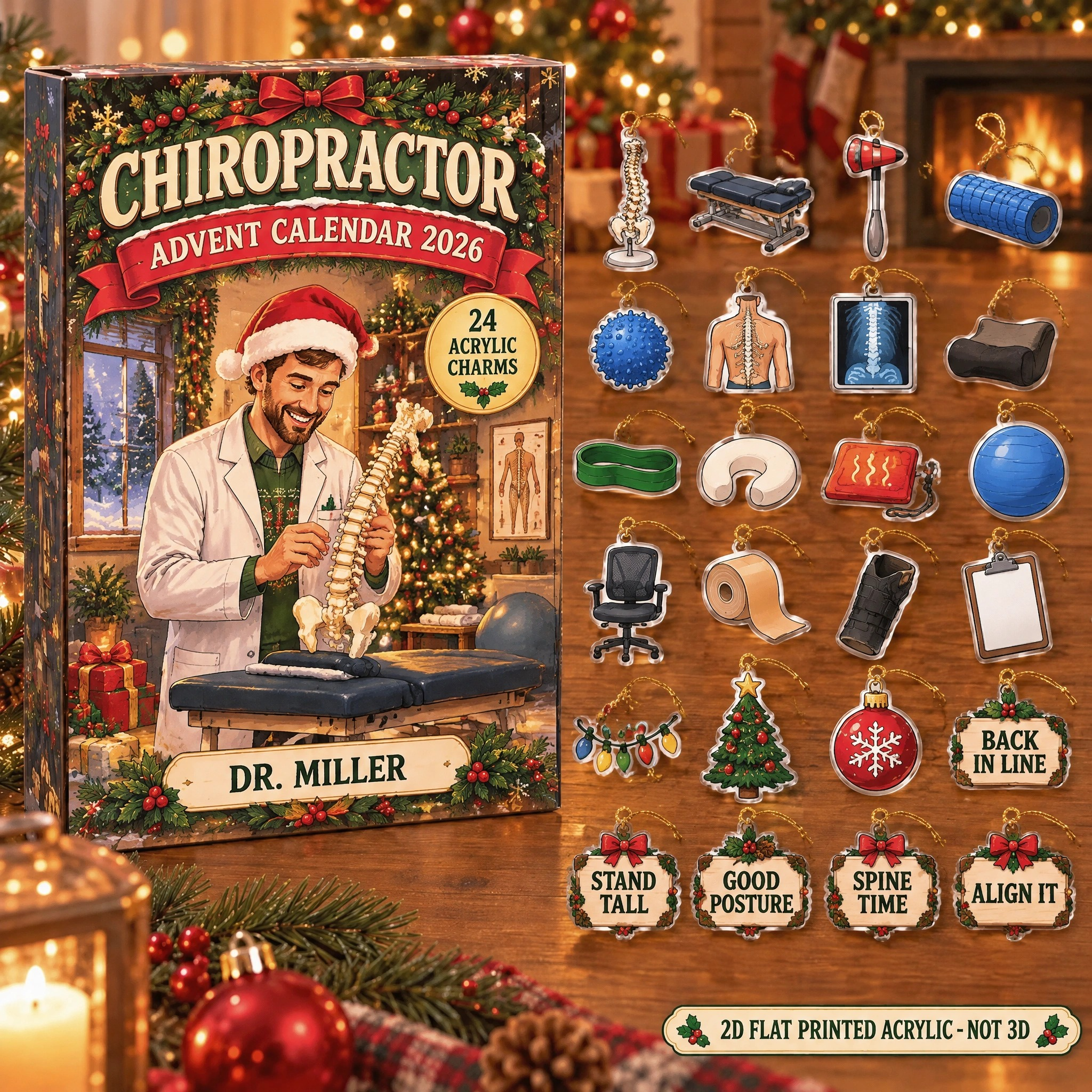 Personalized Chiropractor Essentials advent calendar box with 24 flat acrylic Christmas charms